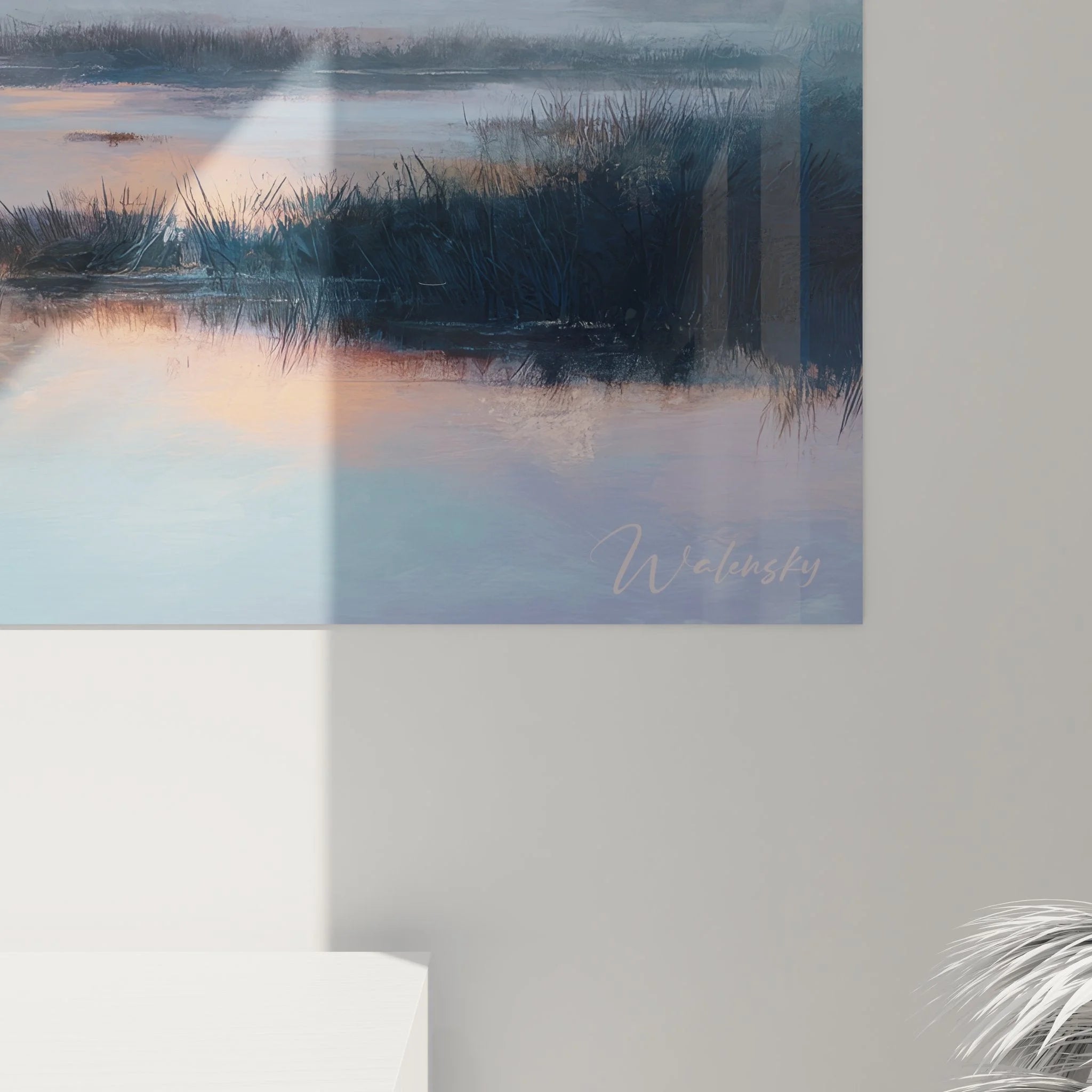 Gesamtansicht Wandbild Morgennebel Landschaft mit Fluss Sonnenaufgang und harmonischer Farbkomposition