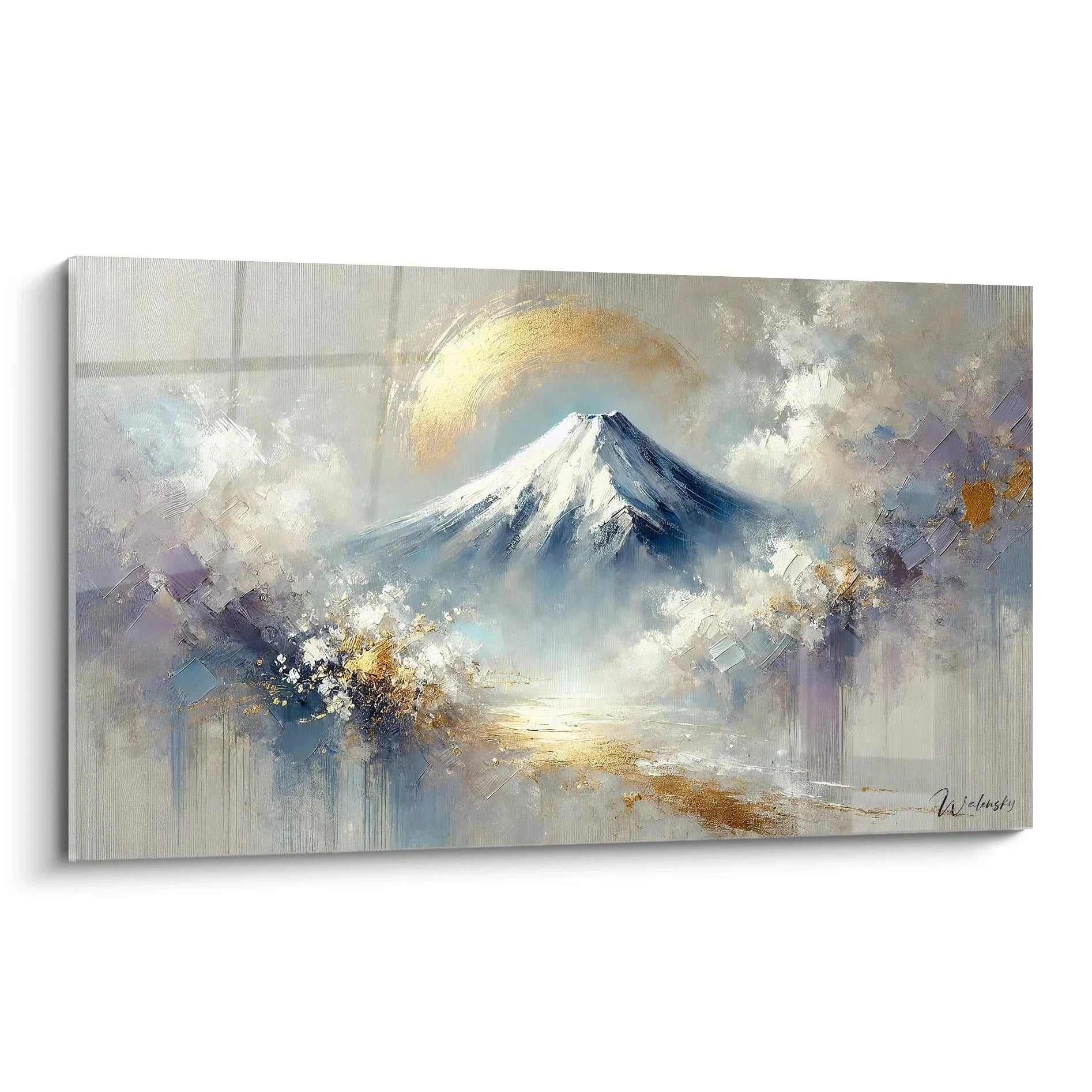 Wandbild Mount Fuji mit goldenem Nebel - Abstrakte japanische Berglandschaft in Blau und Gold