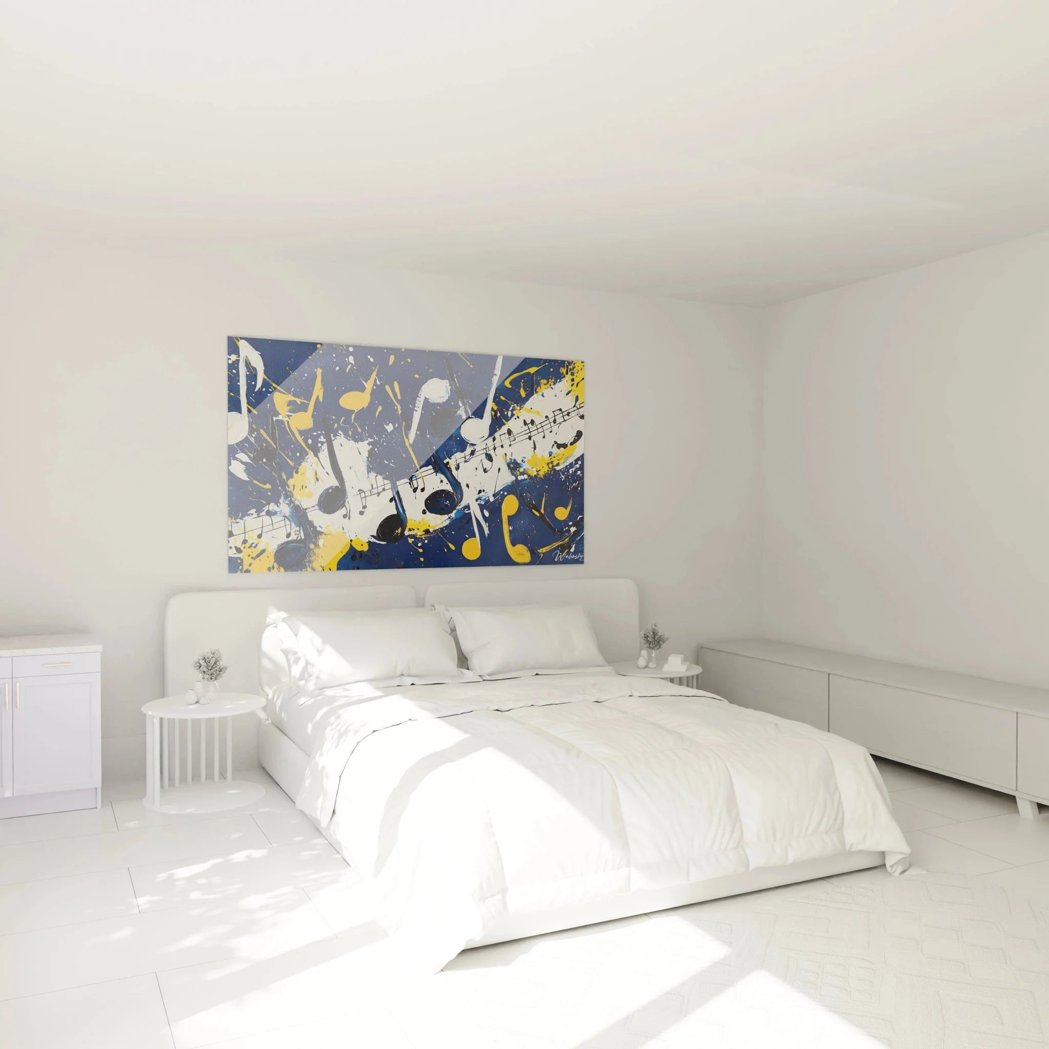 Wandbild Musik Noten abstrakt in Schlafzimmer Ambiente, blaue goldene Wanddekoration