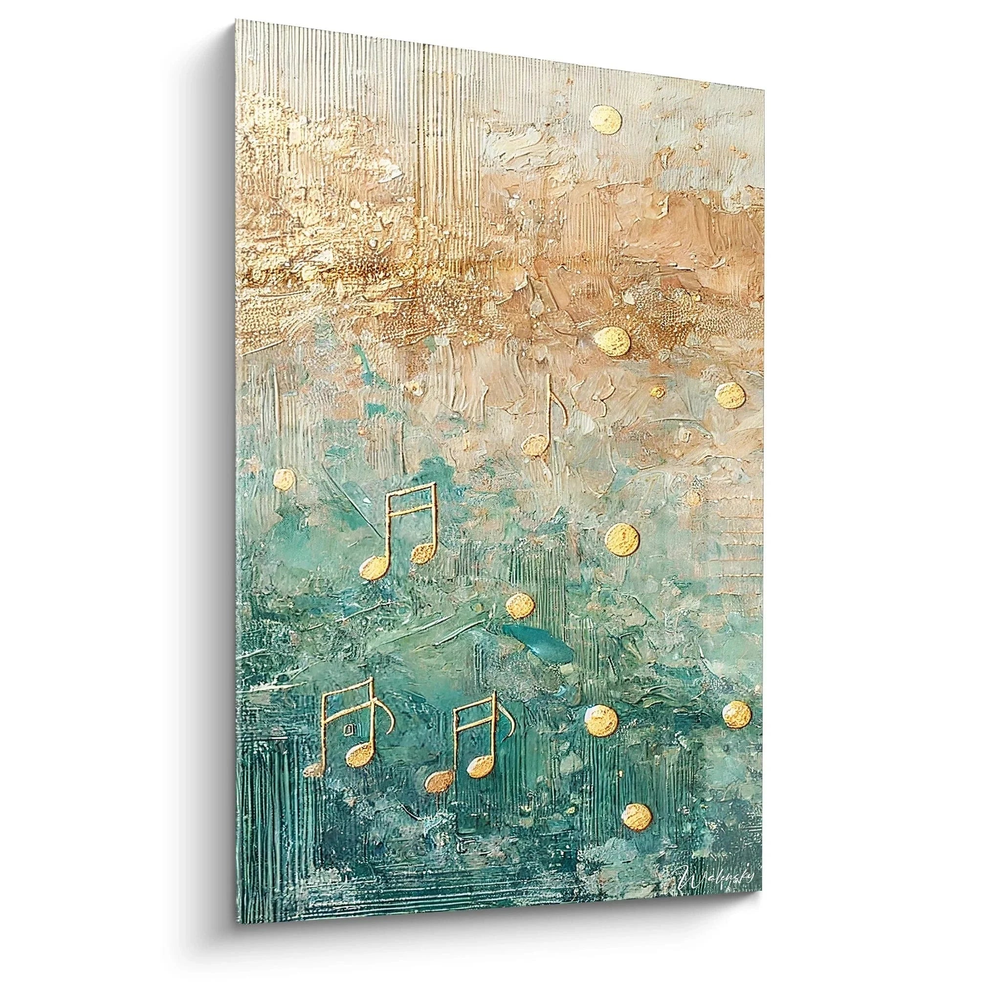 Abstraktes Wandbild mit goldenen Musiknoten auf türkis-goldenem strukturiertem Hintergrund