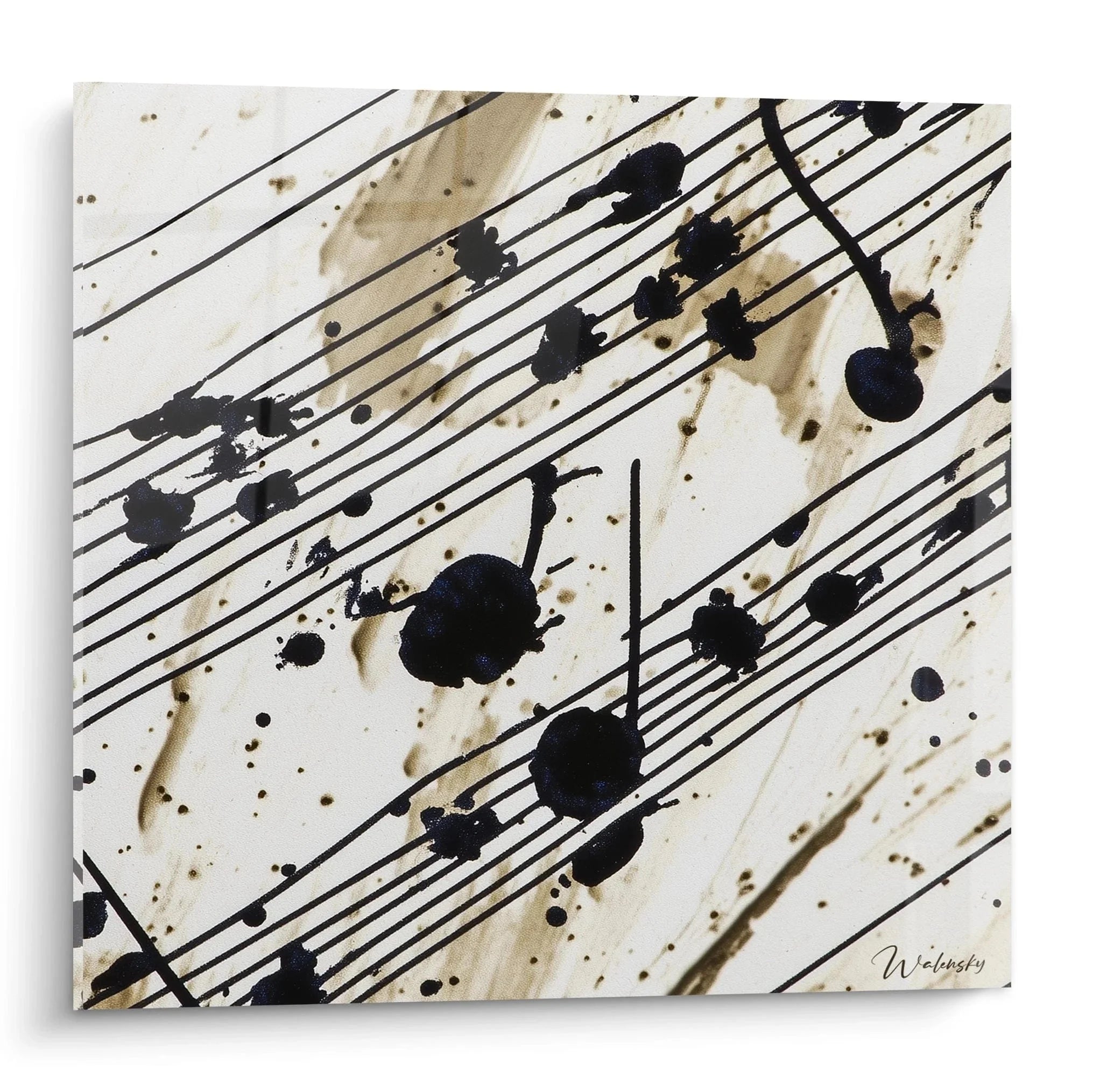 Abstraktes Wandbild Musiknoten mit schwarzen Linien und Tintenklecksen auf cremefarbenem Grund
