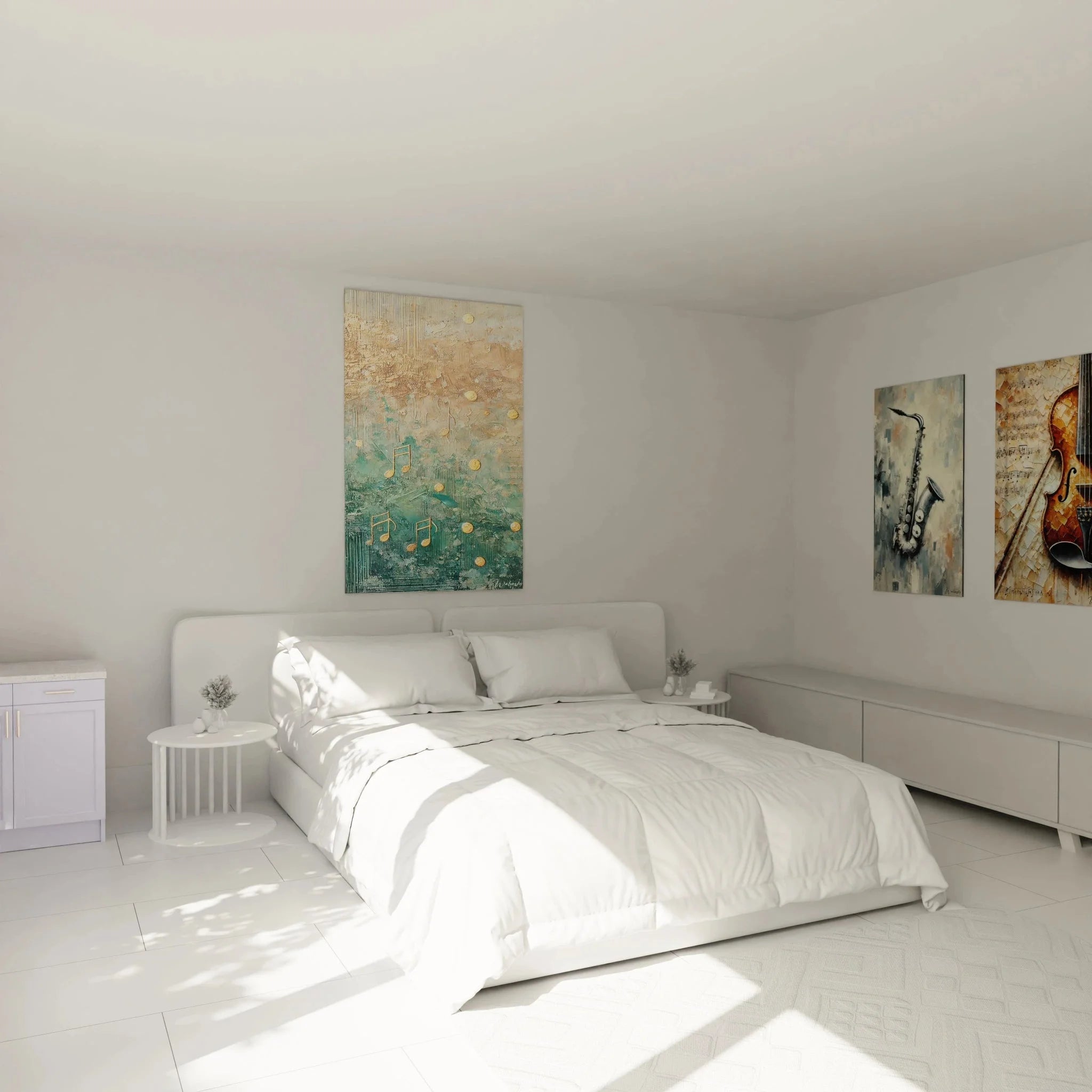 Wandbild abstrakte Musiknoten in modernem Schlafzimmer als Wanddekoration