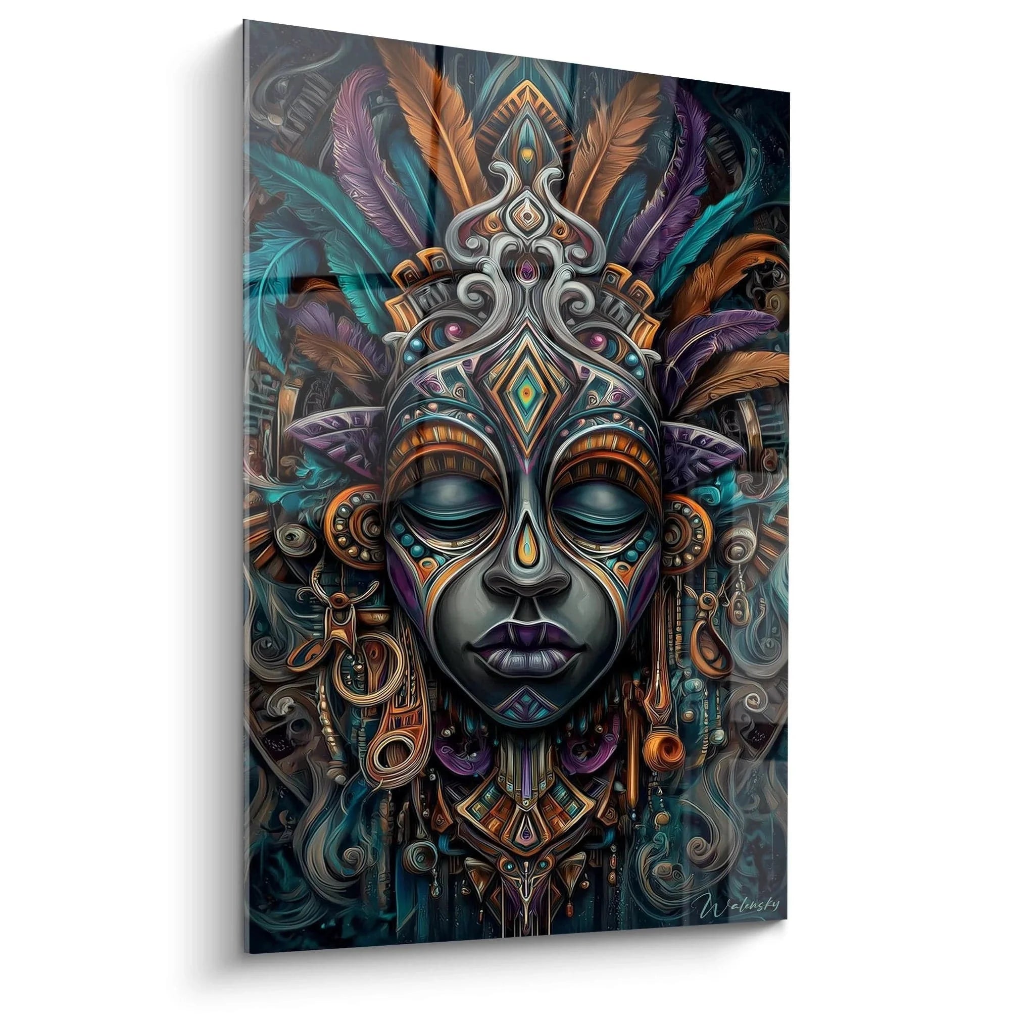 Mystisches Wandbild afrikanische Maske mit prächtigen Federn und spirituellen Ornamenten