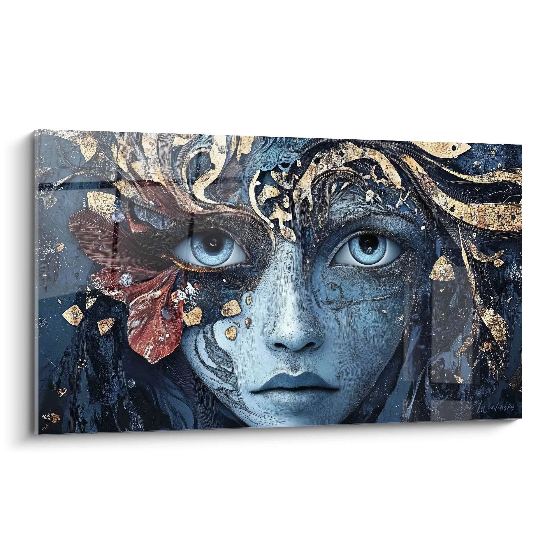 Wandbild mystische Frau mit blauen Augen und ozeanischen Elementen - Edition Figurativ Abstrakt