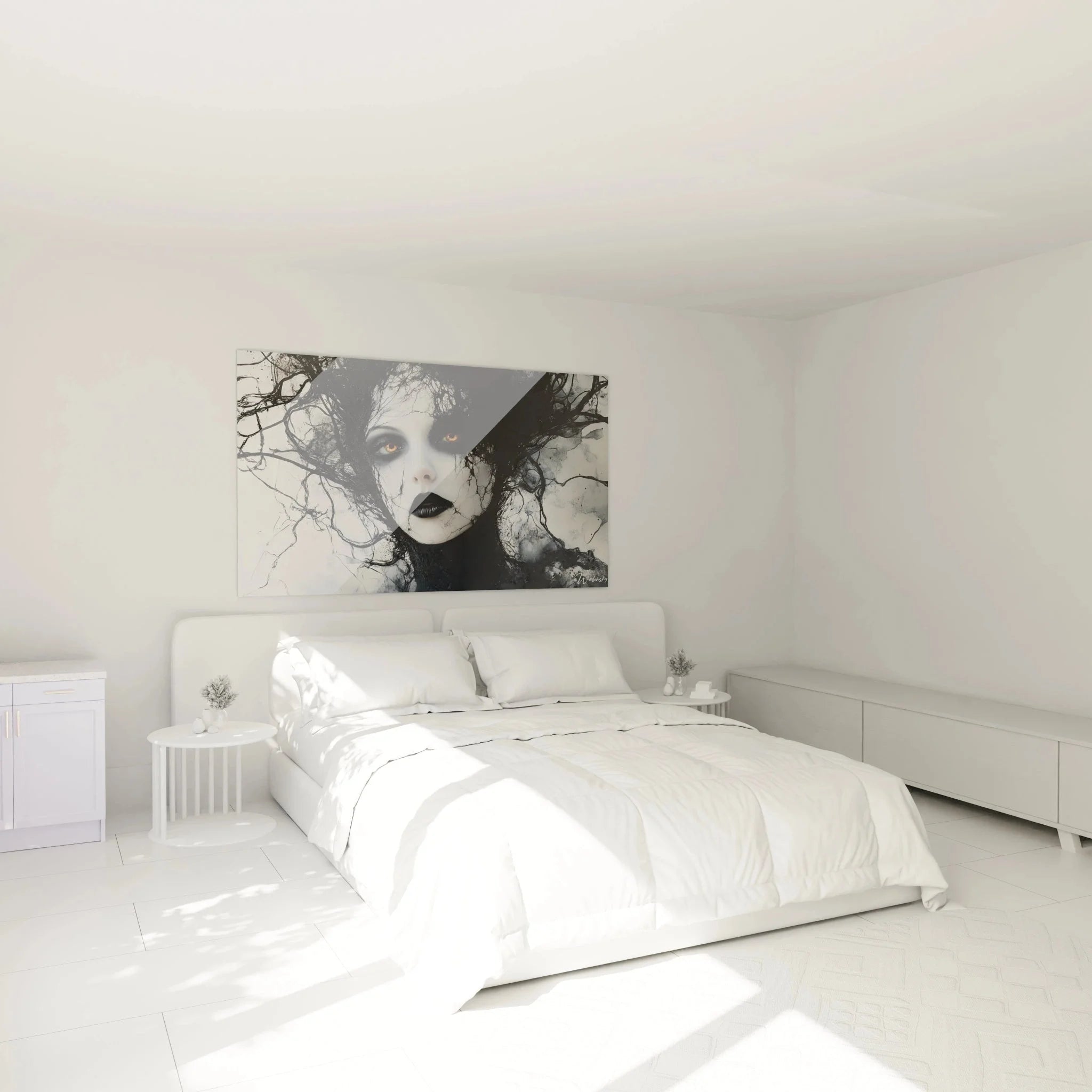 Wandbild mystische Frau im Schlafzimmer-Ambiente, schwarz-weiß Wanddekoration modern