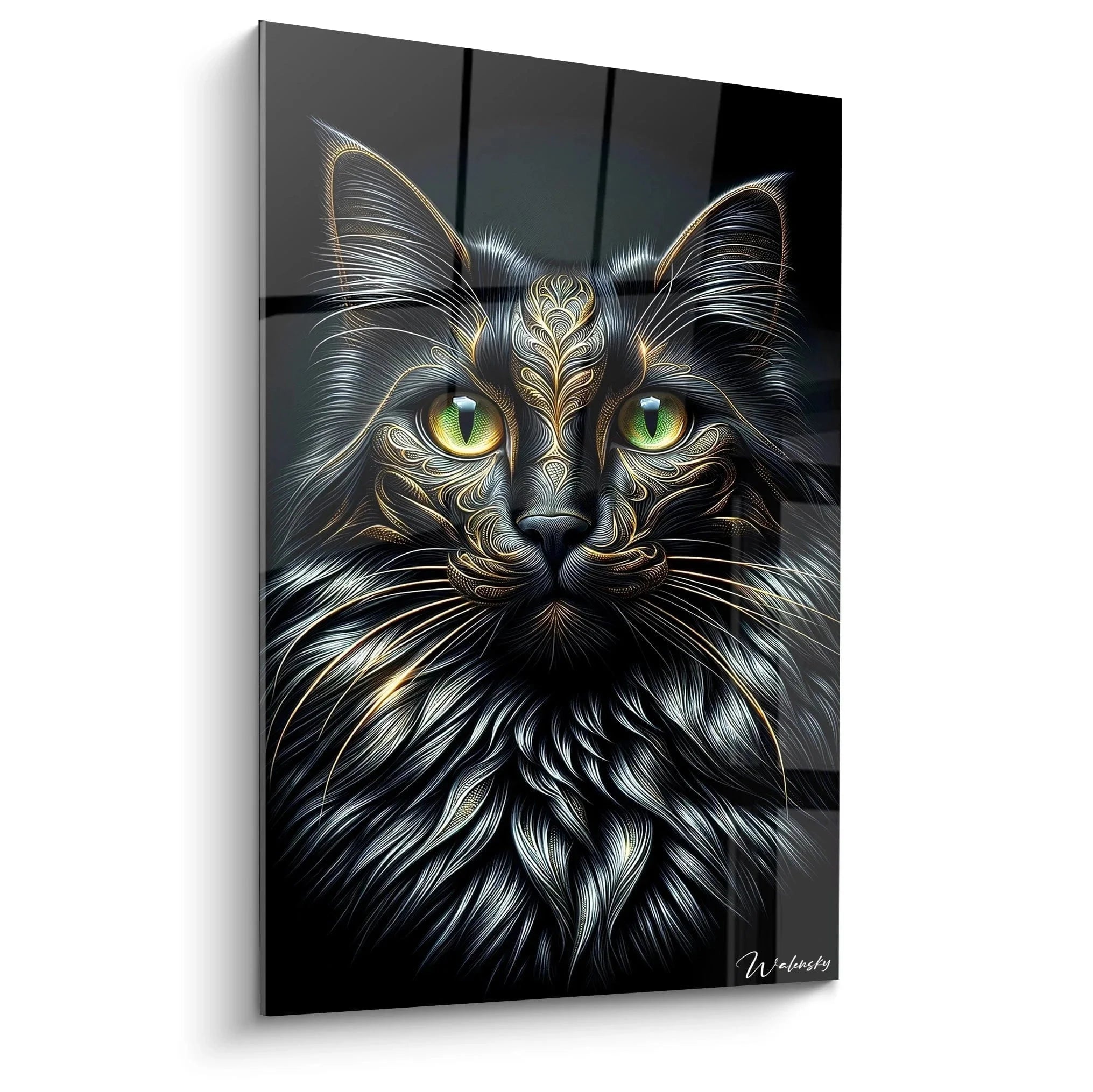 Wandbild mystische Maine Coon Katze mit goldenen Ornamenten und grünen Augen - Premium Wanddeko