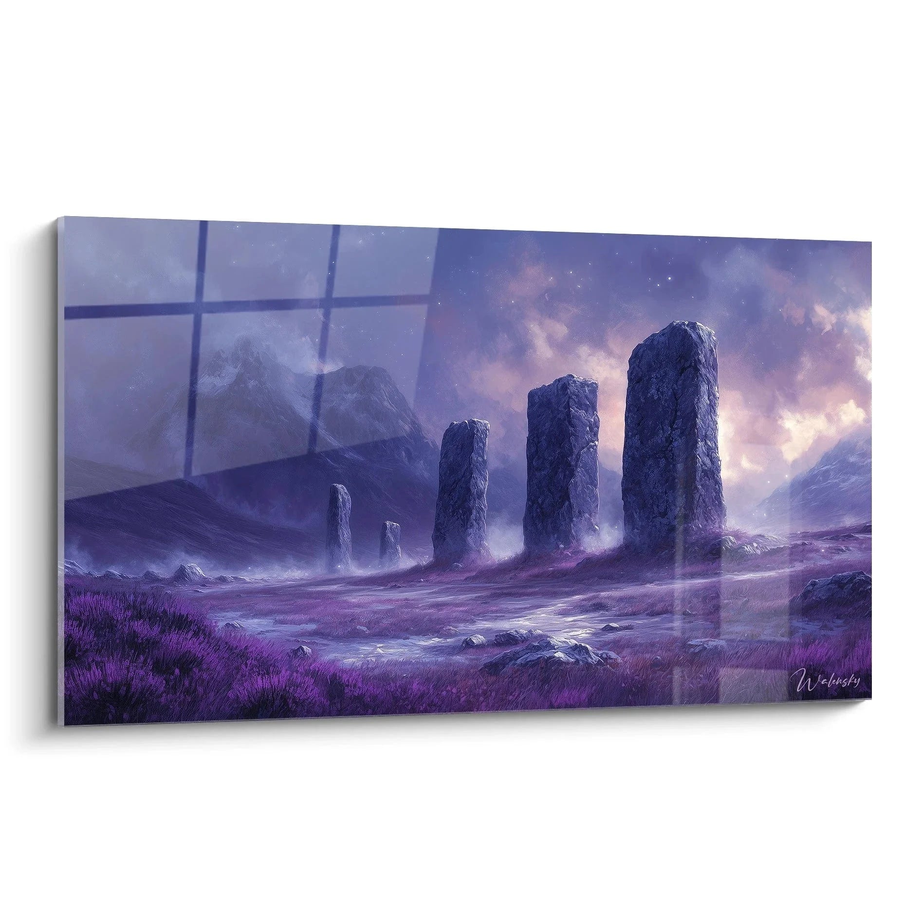 Wandbild mystische Steinkreise in violetter Fantasielandschaft mit Sternenhimmel Premium Wanddeko