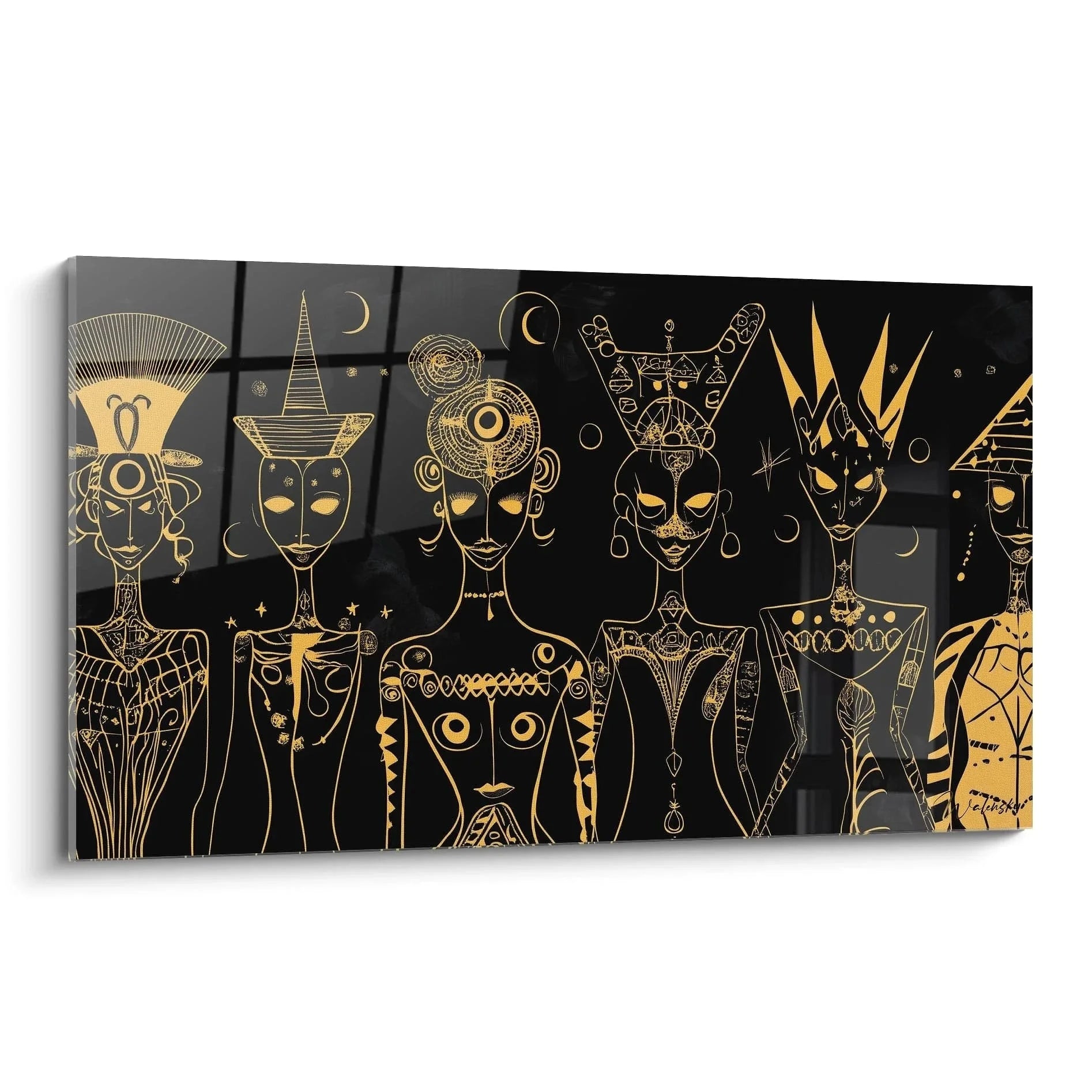 Wandbild mystische Tribal Masken in Gold auf schwarzem Hintergrund, spirituelle Wandkunst Edition Goya
