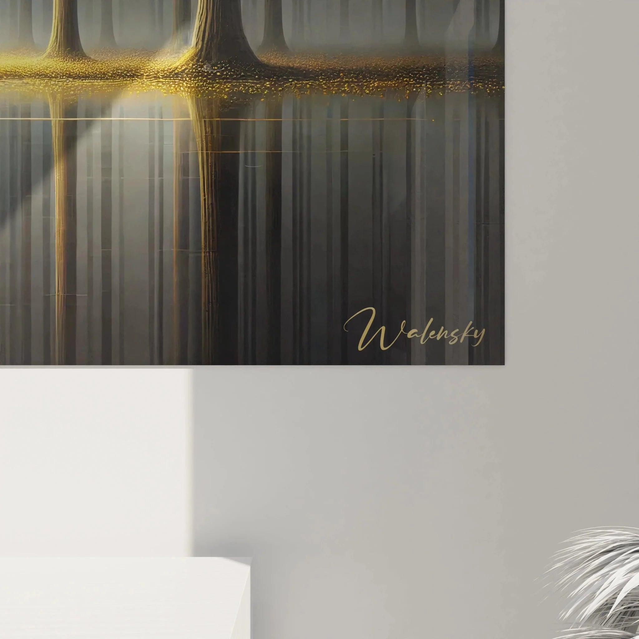 Übersicht Wandbild mystischer Wald mit goldenem Licht und Herbstbaum Motiv