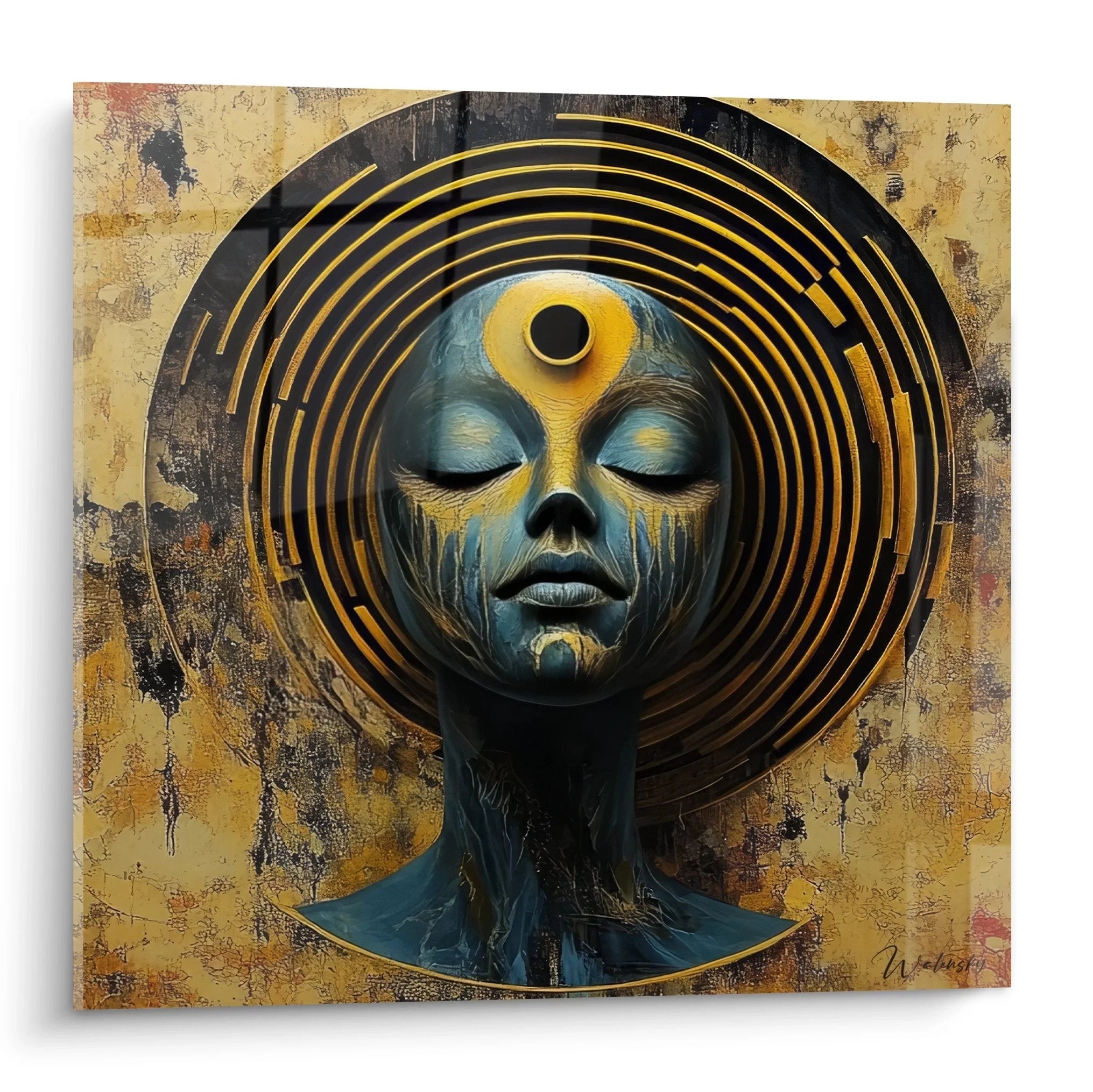 Wandbild mystisches Gesicht mit drittem Auge und goldenen Spiralen in türkis-blau und gold Tönen