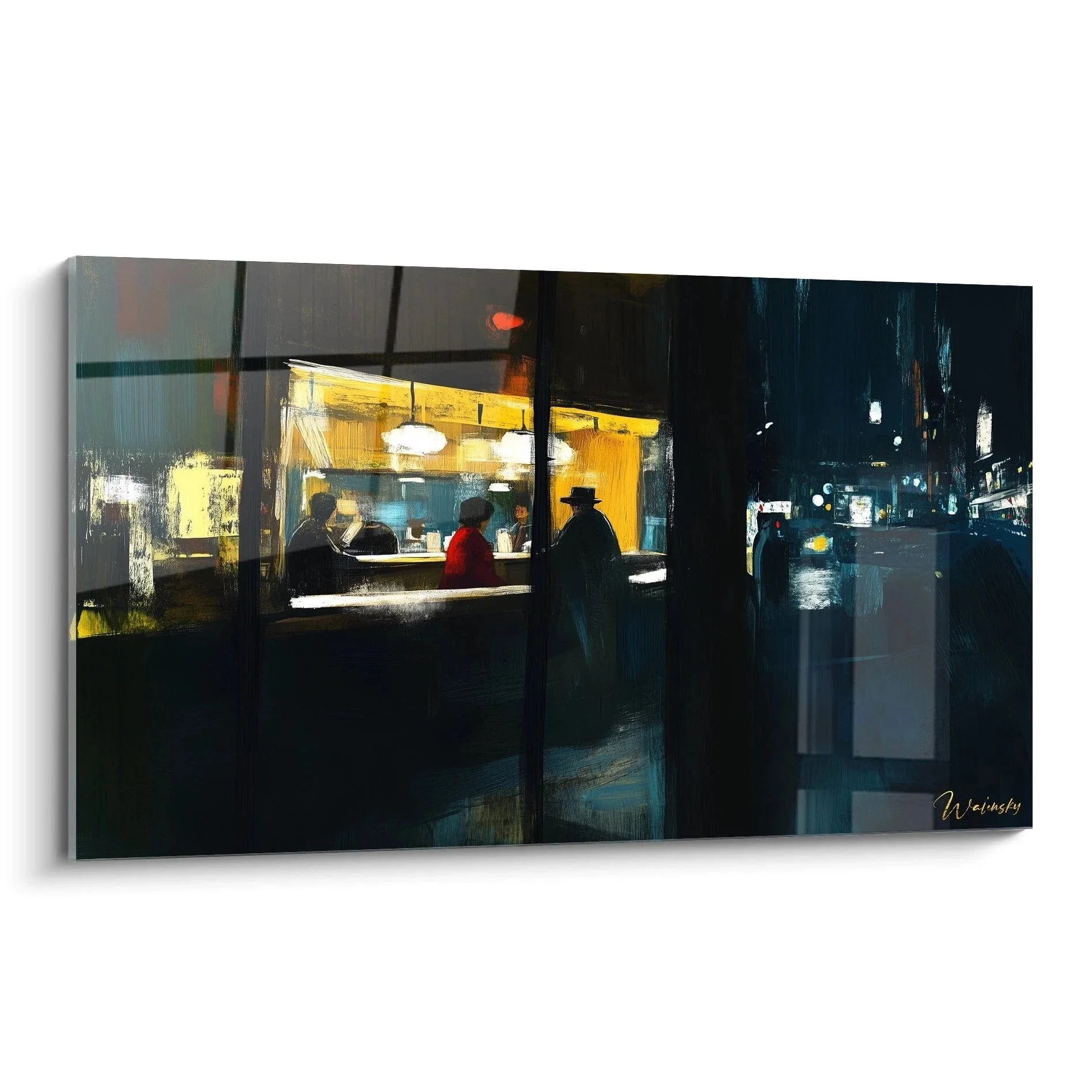 Wandbild Nachtdiner Edward Hopper Stil mit warmem Licht und nächtlicher Straßenszene