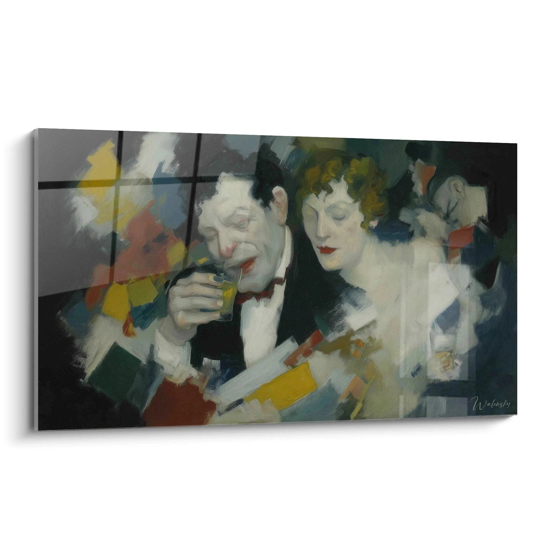 Wandbild Nachtleben Dadaismus zeigt elegantes Paar im Café mit expressionistischer Malweise und warmer Farbpalette