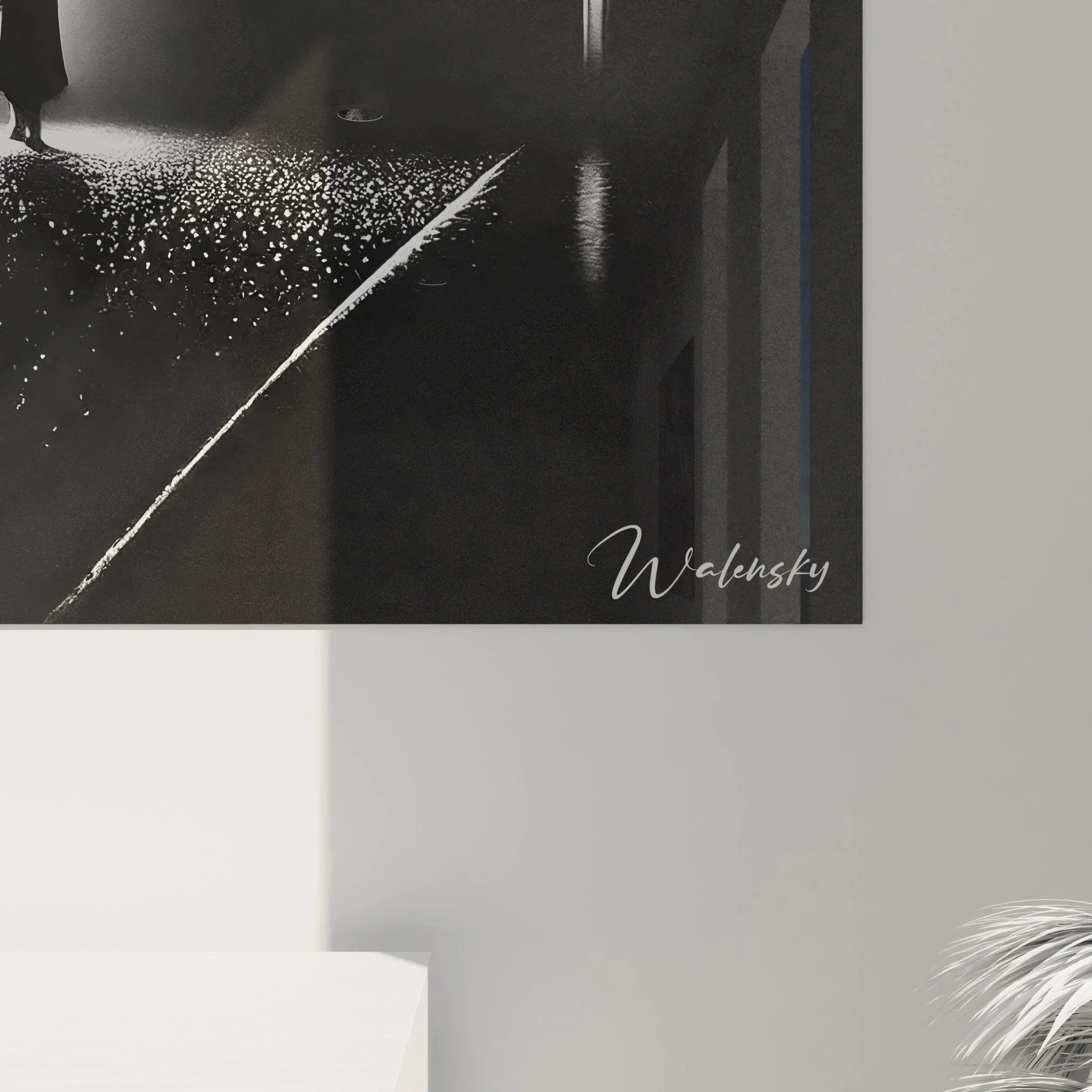 Gesamtansicht Wandbild Nachtstimmung, urbane Landschaft schwarz-weiß mit mystischer Lichtführung