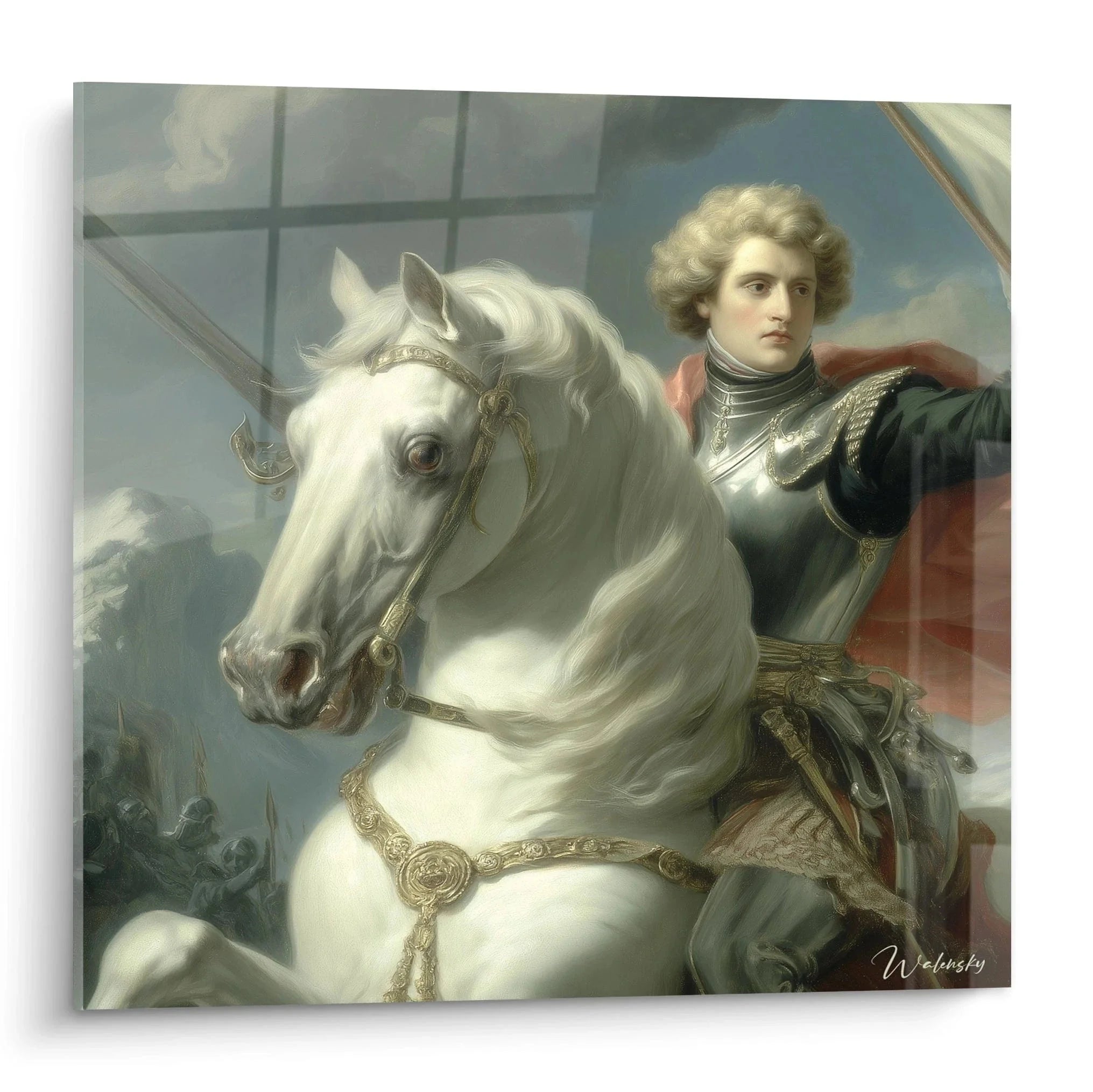 Wandbild napoleonischer General auf weißem Pferd in Rüstung, neoklassisches Reiterporträt mit Schlachtenszene