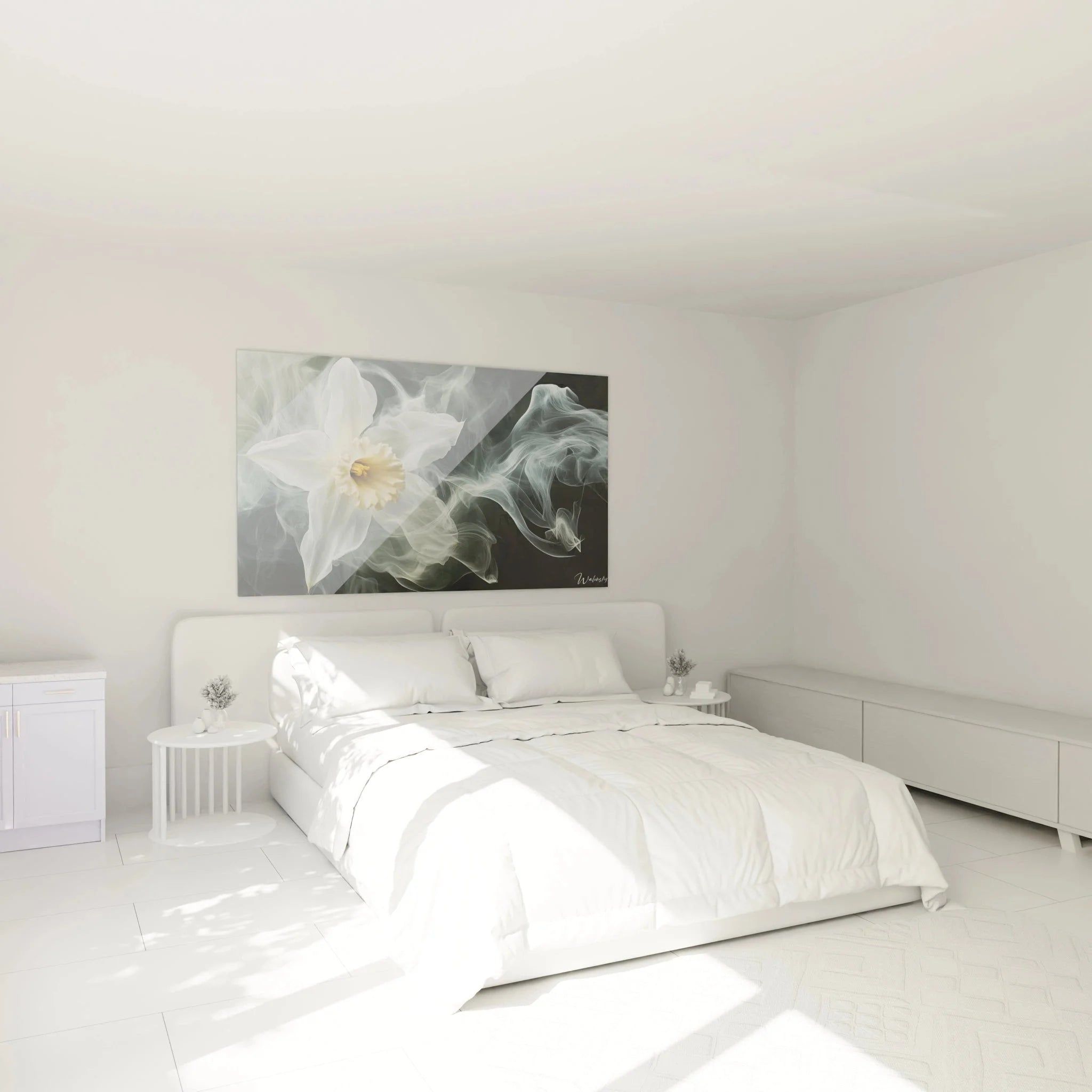 Wandbild Narzisse Rauchträume in modernem Schlafzimmer, elegante Wanddekoration über Bett