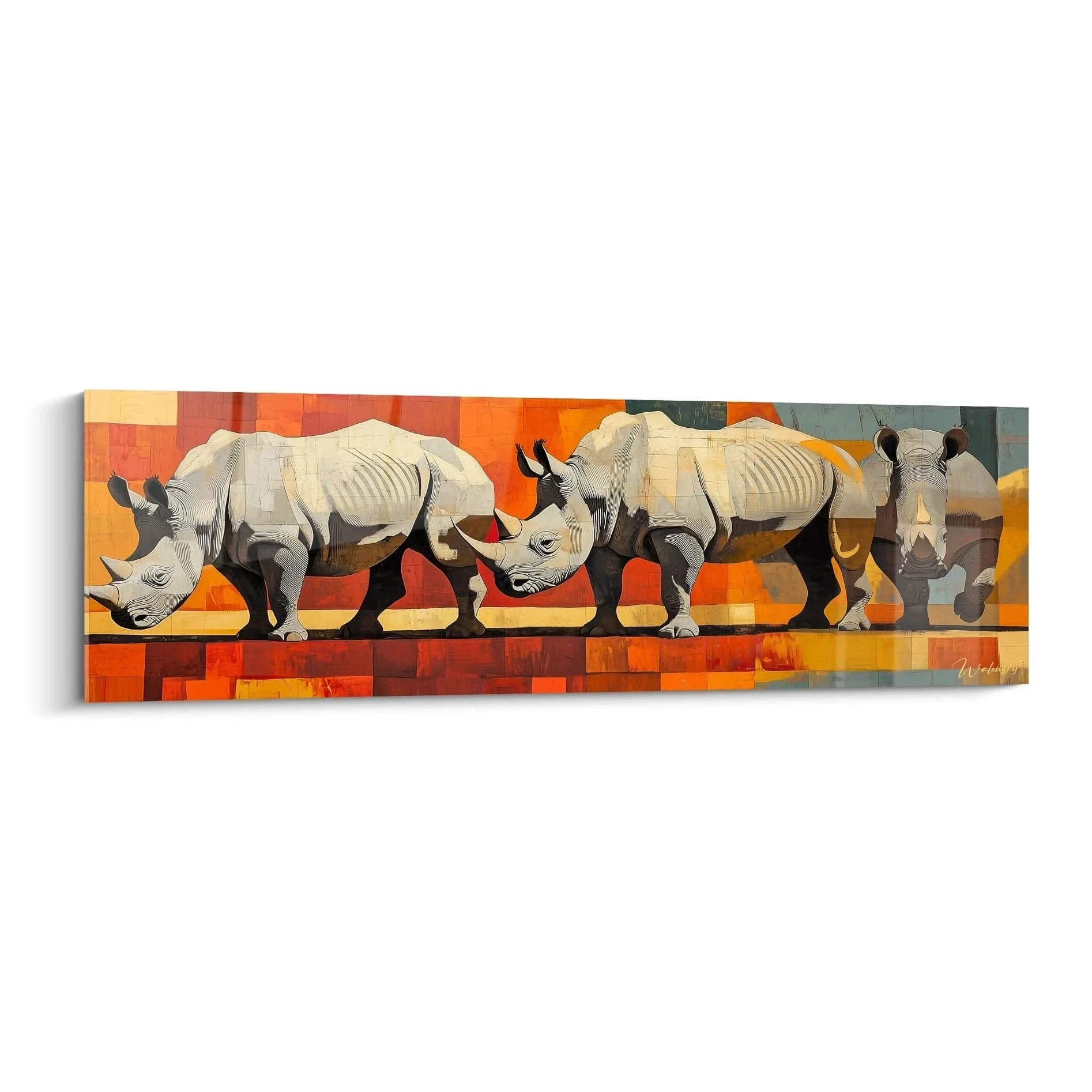 Wandbild drei Nashörner vor orangem geometrischem Hintergrund - moderne Afrika Safari Kunst
