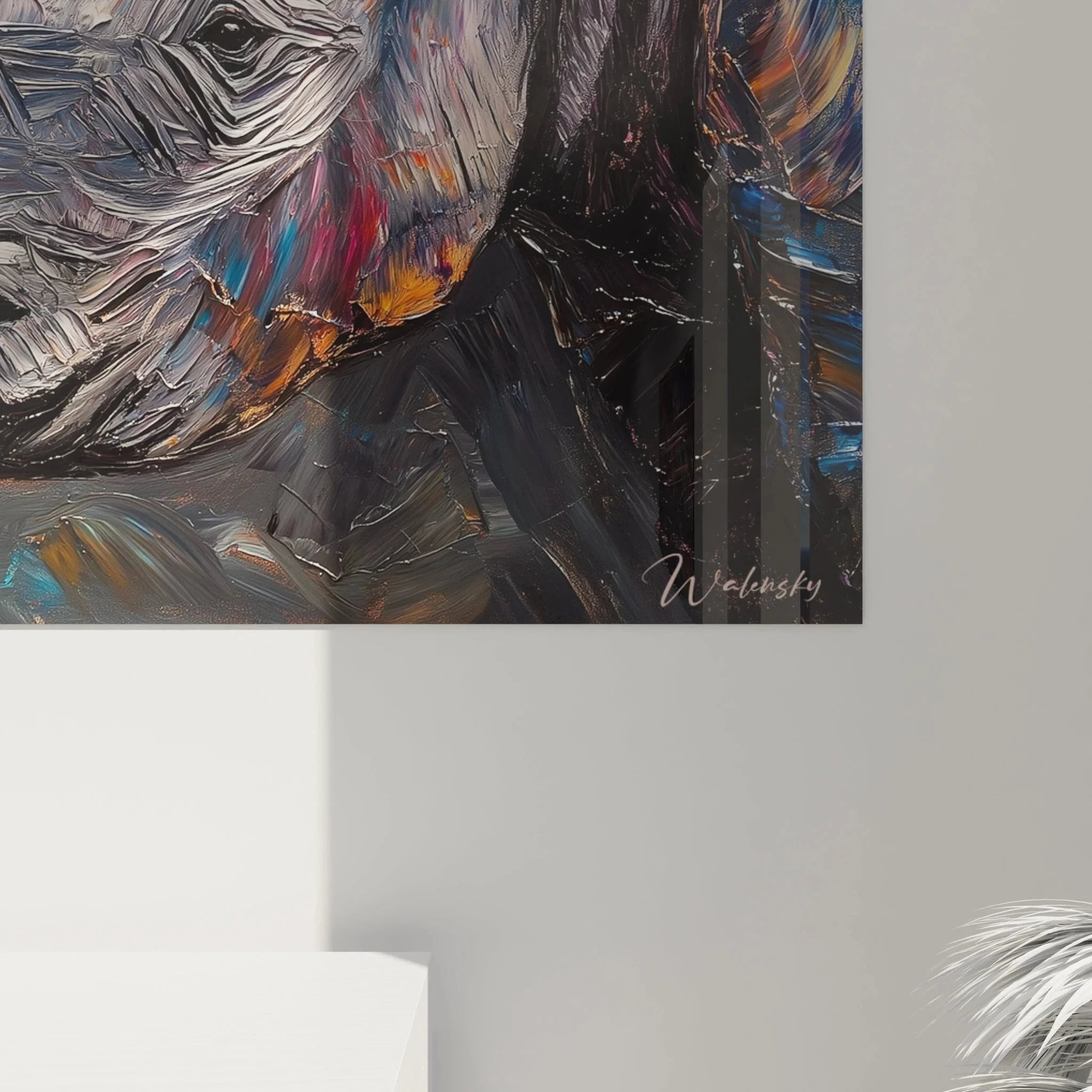 Gesamtansicht Wandbild Nashorn expressionistisch - kraftvolle Tiermotiv Wandkunst für moderne Räume