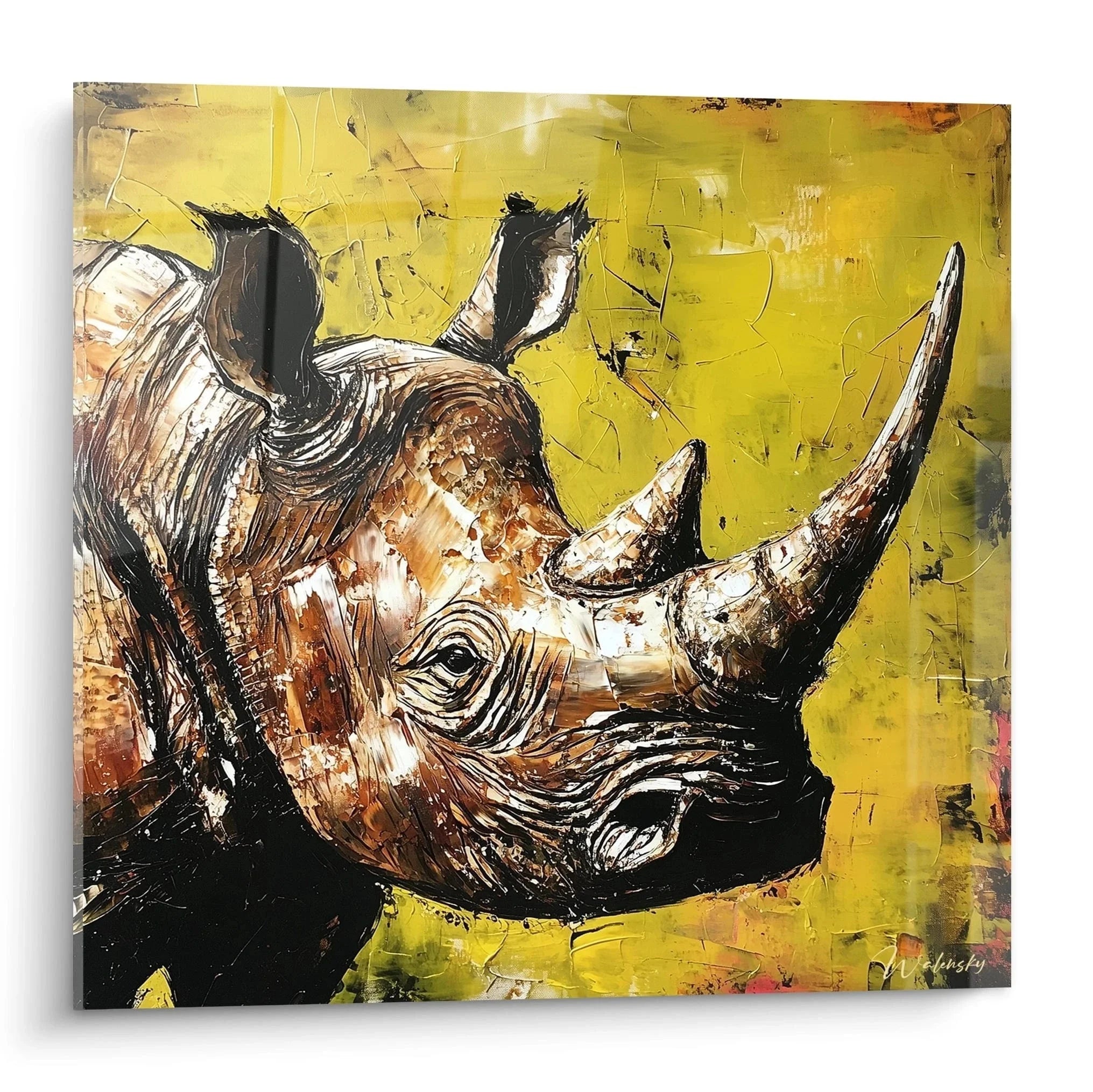 Wandbild Nashorn kraftvoll gelber Hintergrund moderne Tierkunst Edition Nashorn Wanddekoration XXL