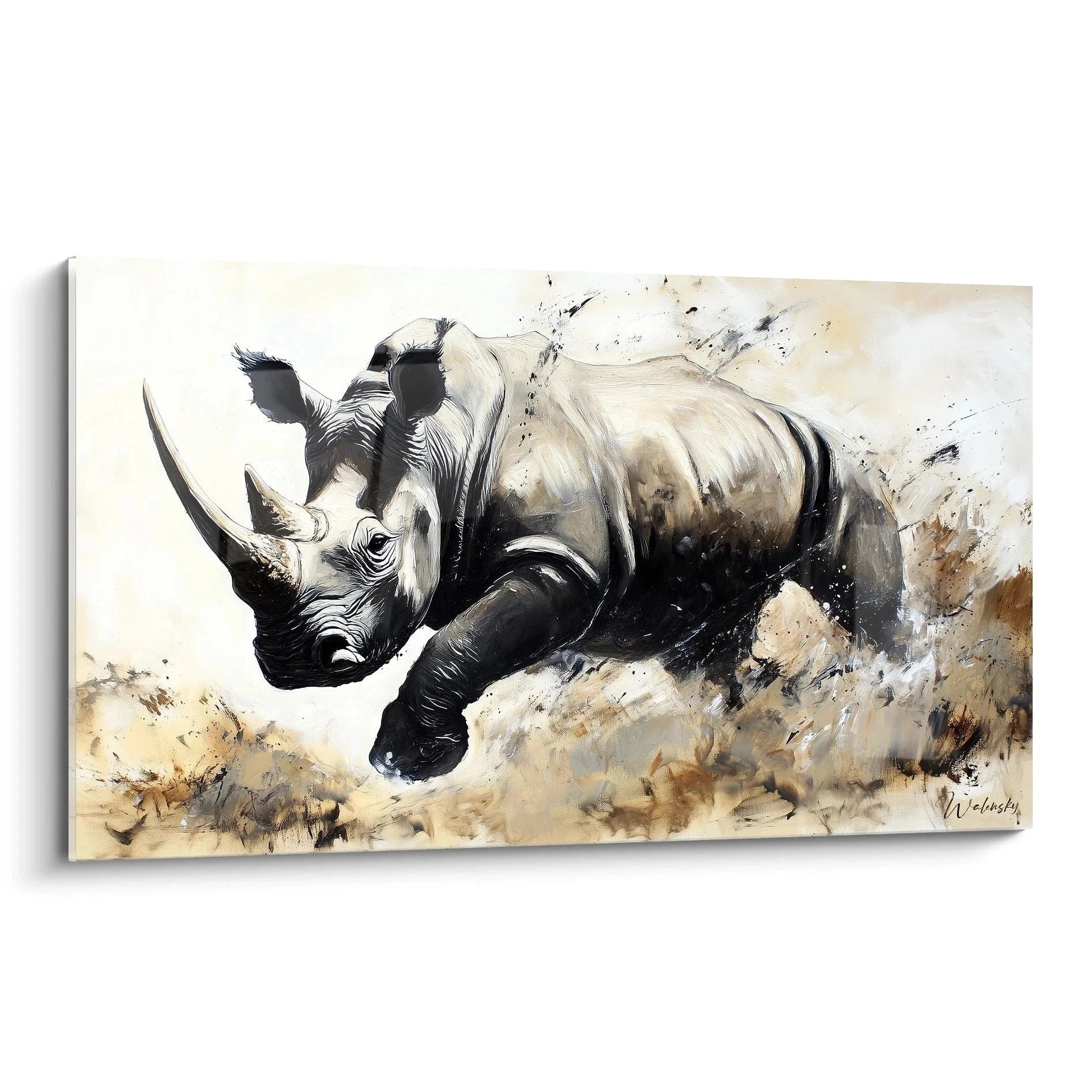 Wandbild Nashorn kraftvoll laufend in erdigen Farbtönen - Premium Leinwandbild für moderne Wandgestaltung