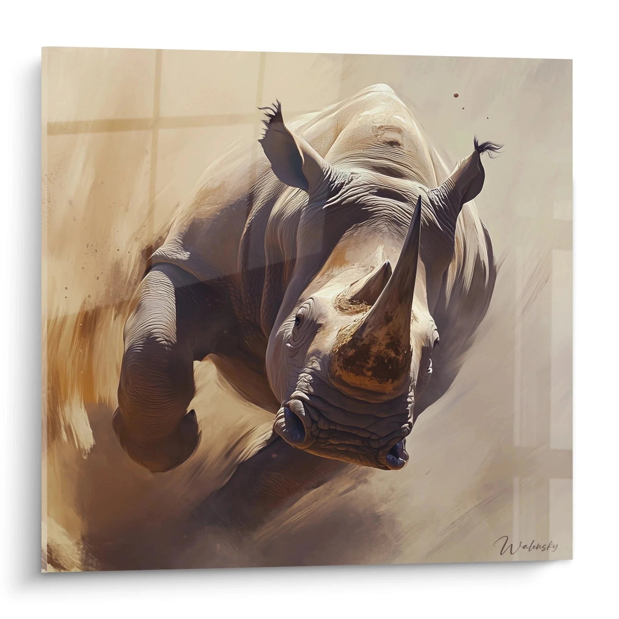 Wandbild Nashorn in kraftvoller Pose, moderne Tierkunst mit warmen Erdtönen für Wohnzimmer