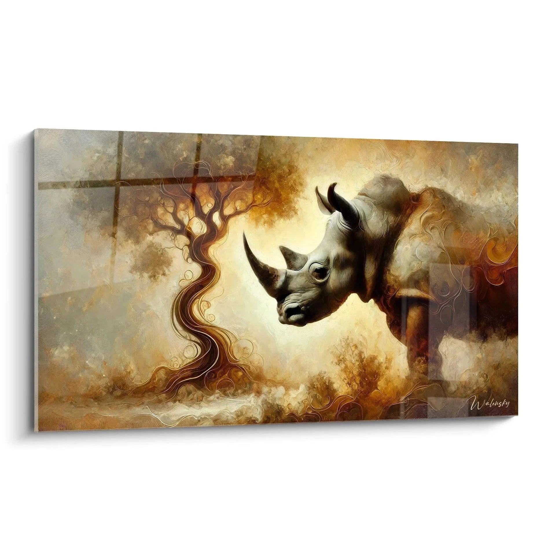 Mystisches Wandbild Nashorn in goldener Traumlandschaft mit ornamentalen Spiralen und Wolken