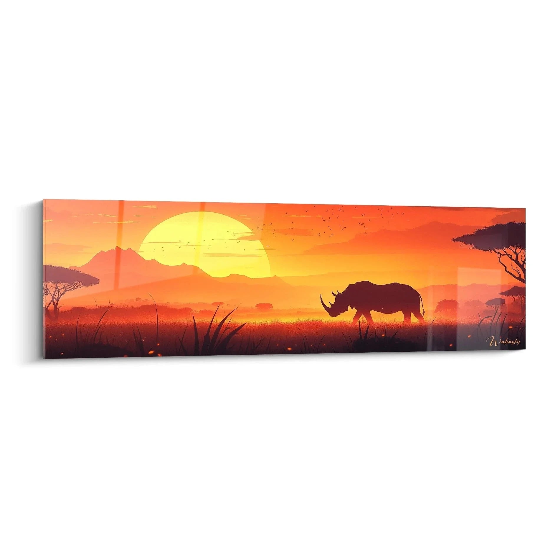 Wandbild Nashorn bei Sonnenuntergang in afrikanischer Savanne mit Akazien und warmem Licht
