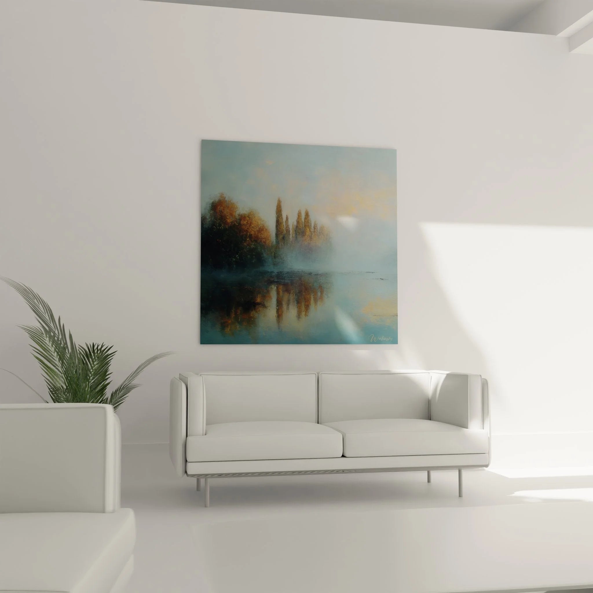 Detail Wandbild Nebelsee zeigt kunstvolle Spiegelung der Herbstbäume im Wasser