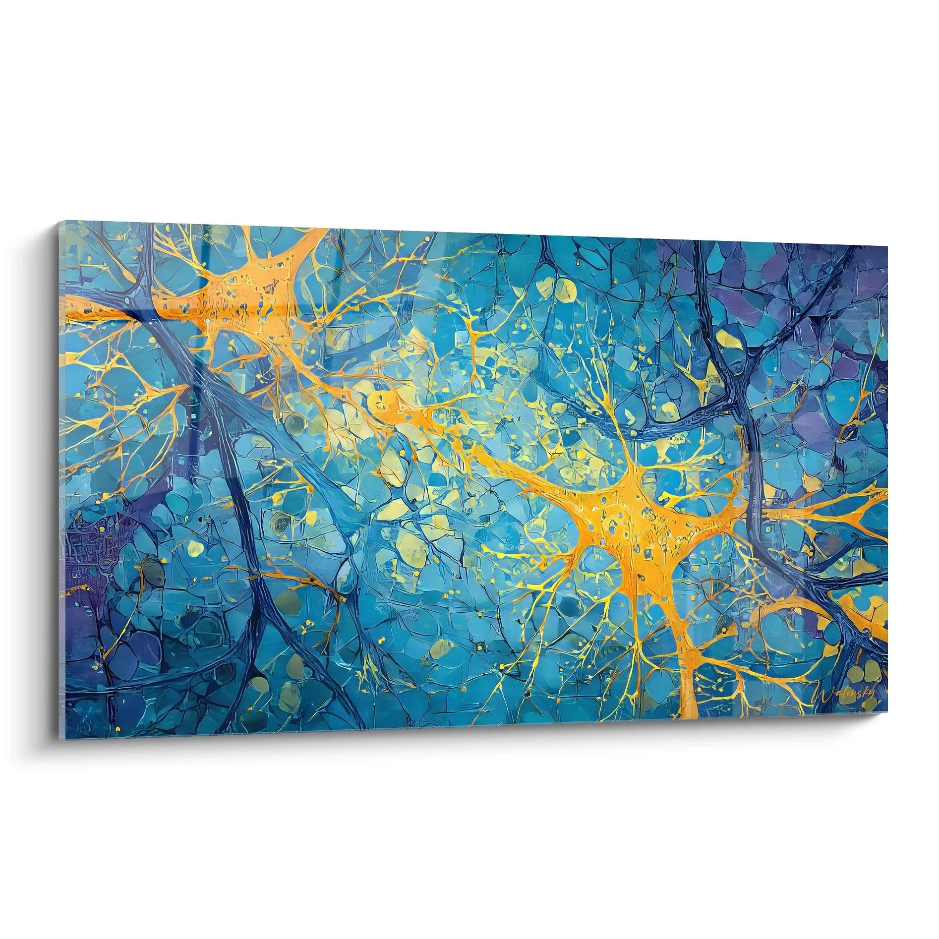 Wandbild Neuronen mit leuchtenden synaptischen Verbindungen in Orange und Blau - Edition Neuronal