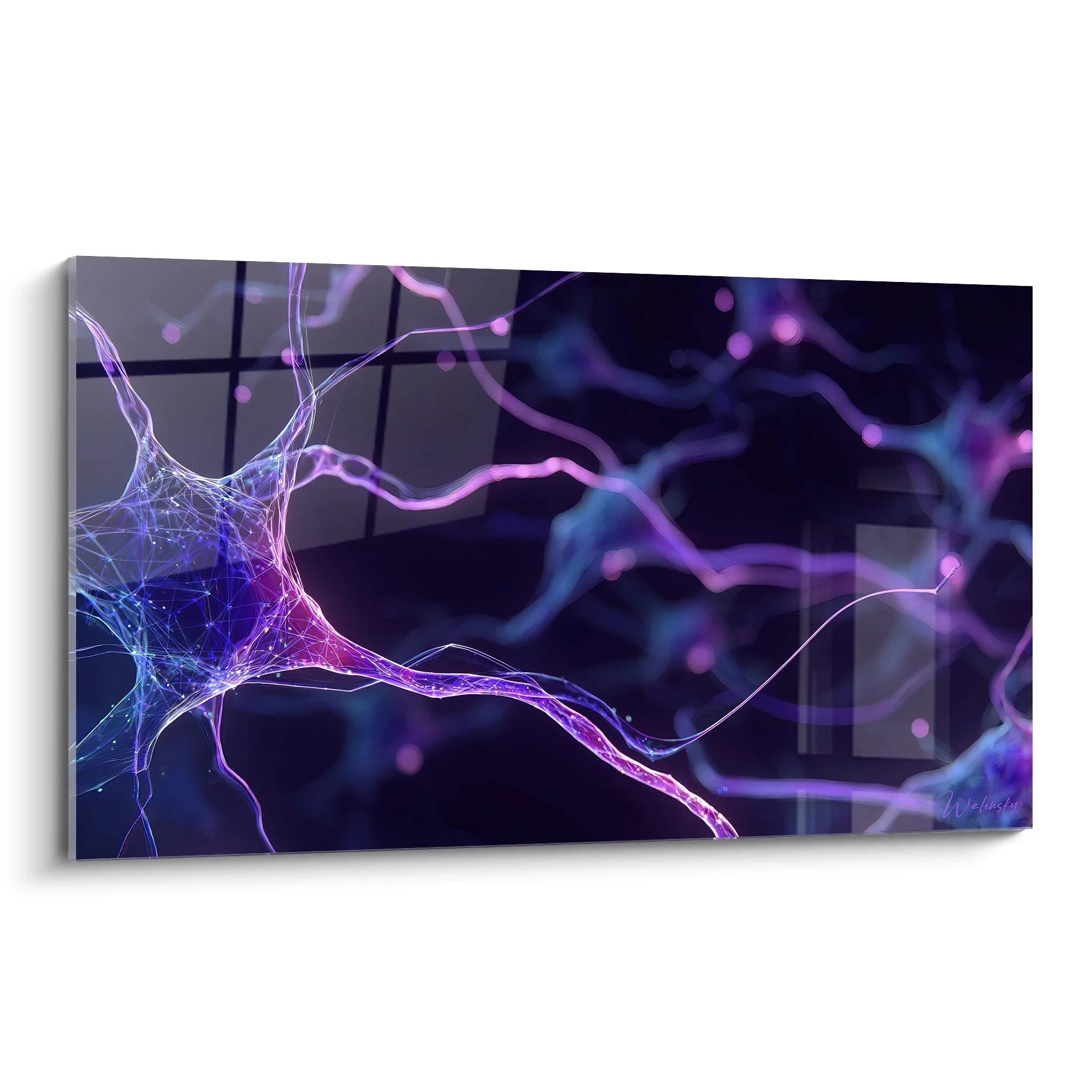 Wandbild Neuronennetz mit leuchtenden synaptischen Verbindungen in Violett und Blau - Edition Neuronal