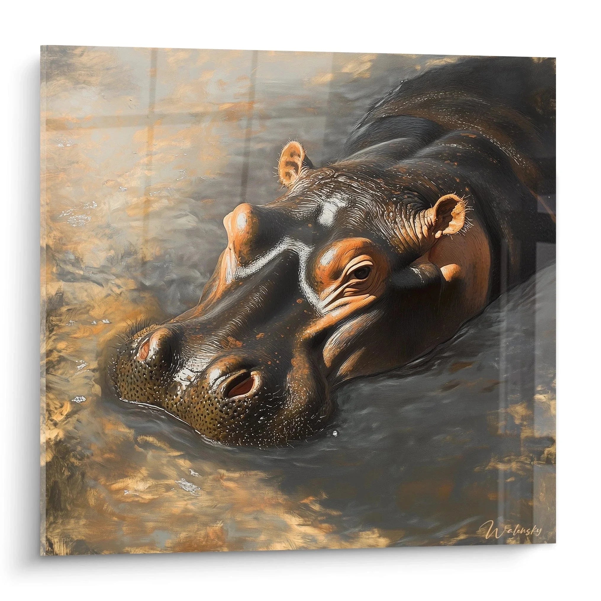 Wandbild Nilpferd im Wasser - Kunstvolle Darstellung eines badenden Hippos in warmen Brauntönen