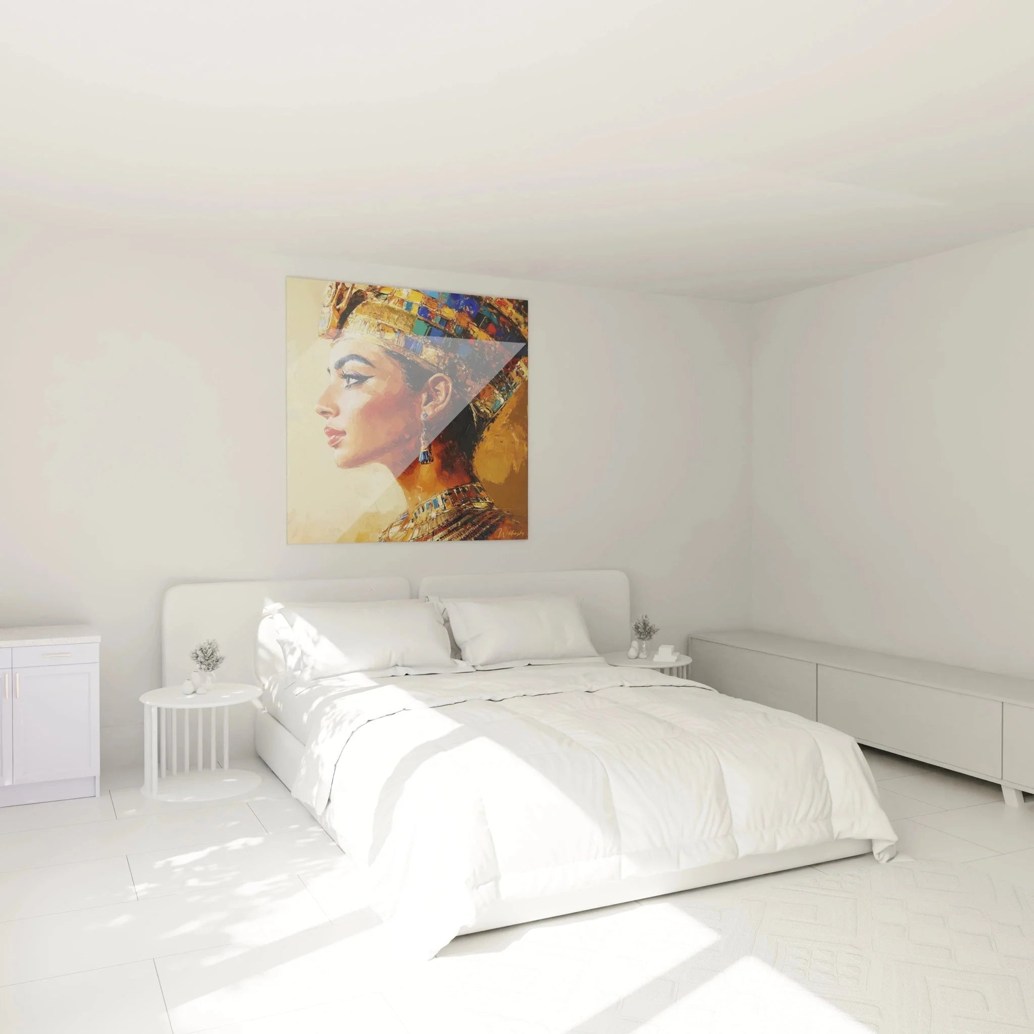 Wandbild Nofretete XXL in modernem Schlafzimmer - Ägyptische Wanddekoration als stilvoller Blickfang