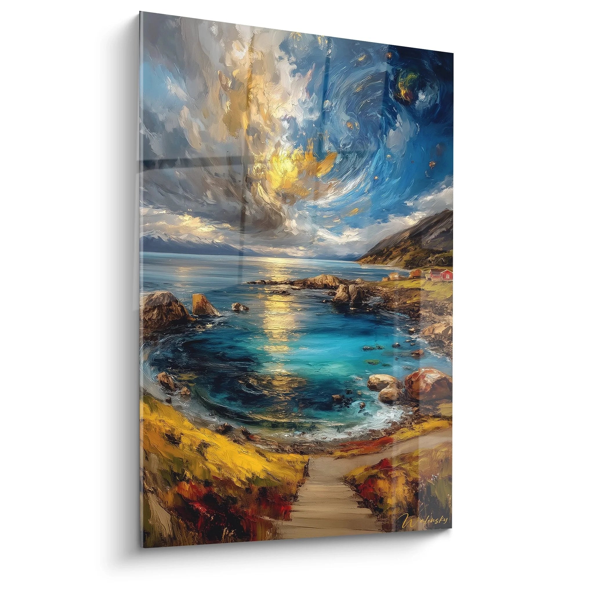 Wandbild nordische Küstenlandschaft mit dramatischem Himmel und türkisblauem Wasser für moderne Wanddeko