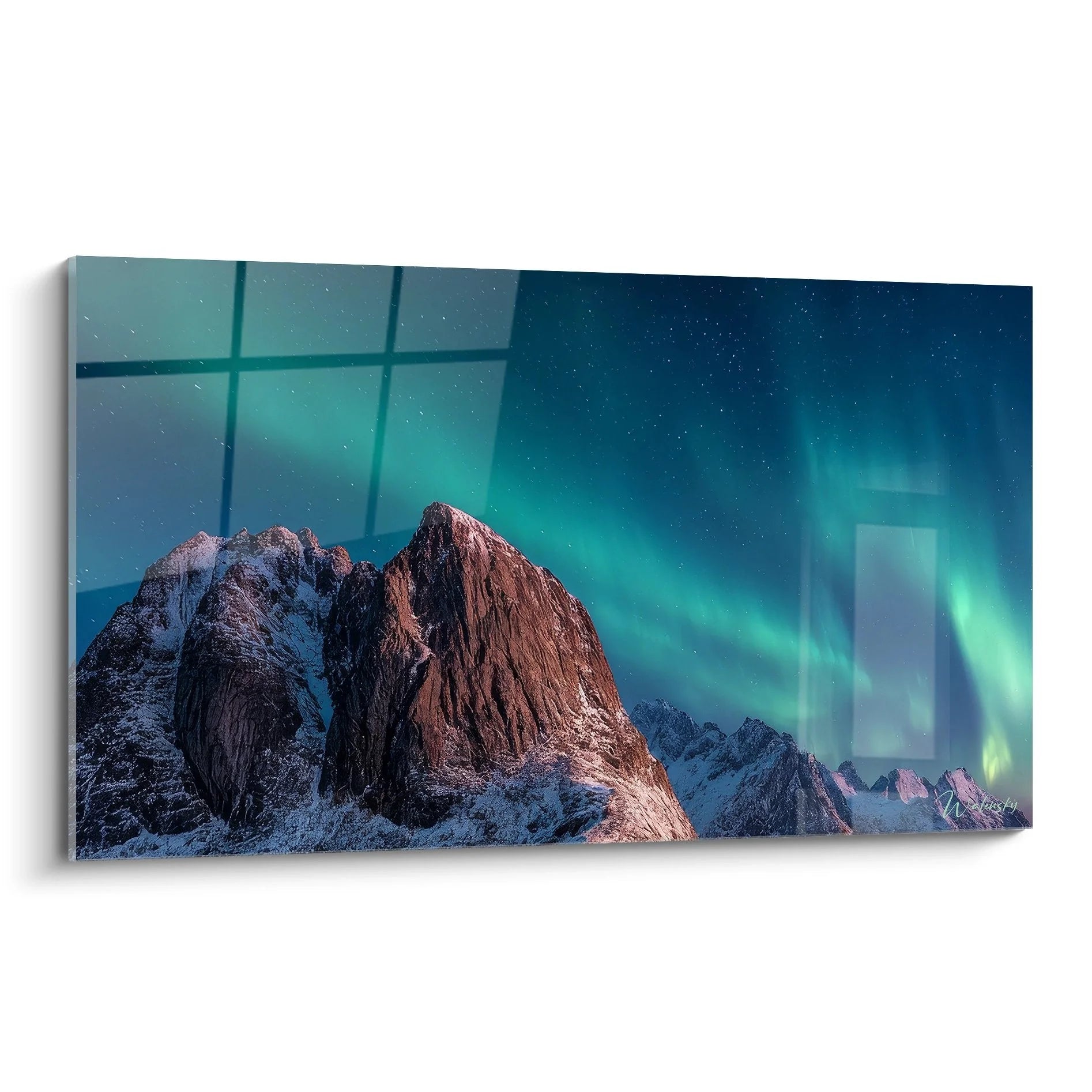 Wandbild Nordlicht über schneebedeckten Bergen mit grüner Aurora Borealis am Sternenhimmel