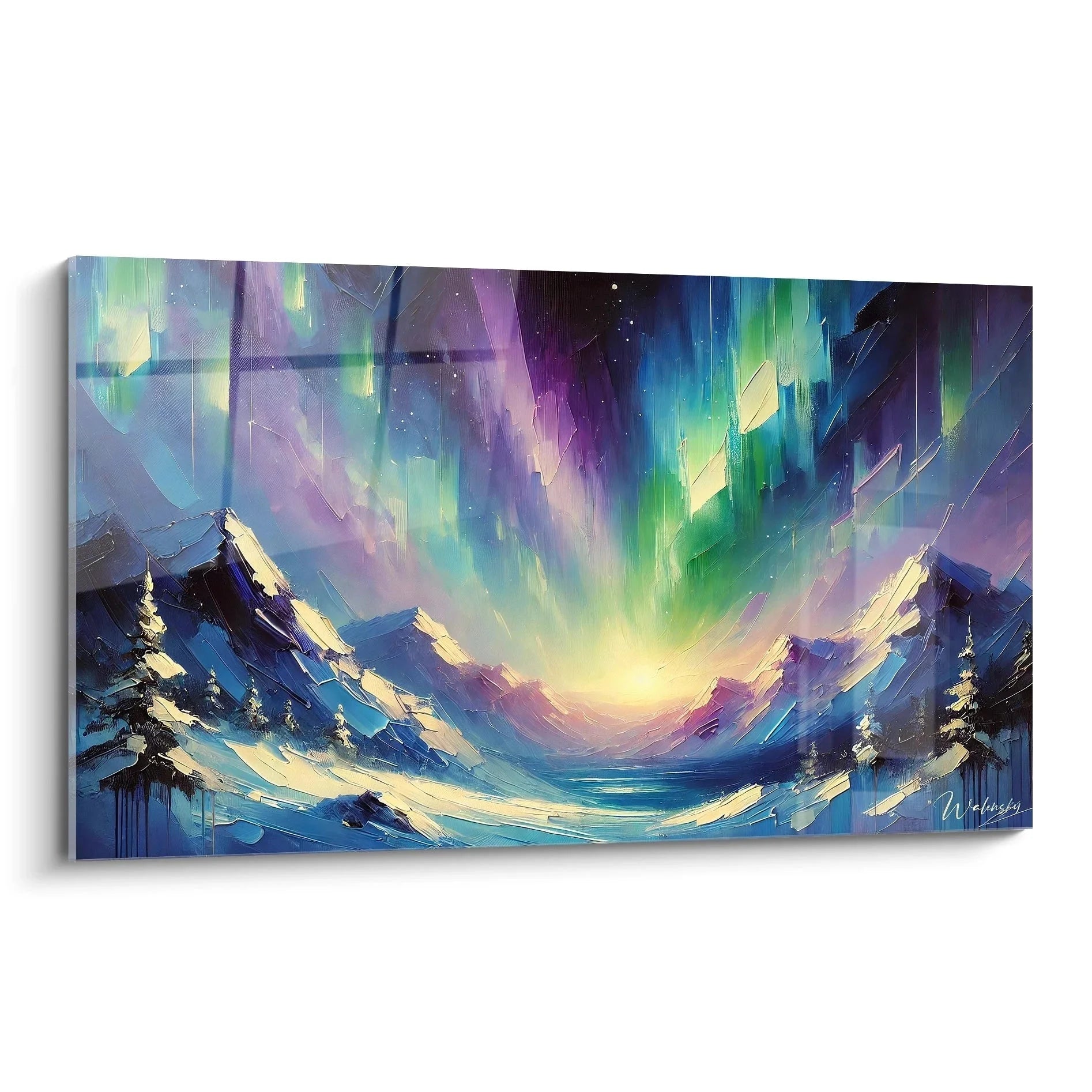 Wandbild Nordlicht über schneebedeckten Bergen mit Aurora Borealis in Grün und Violett
