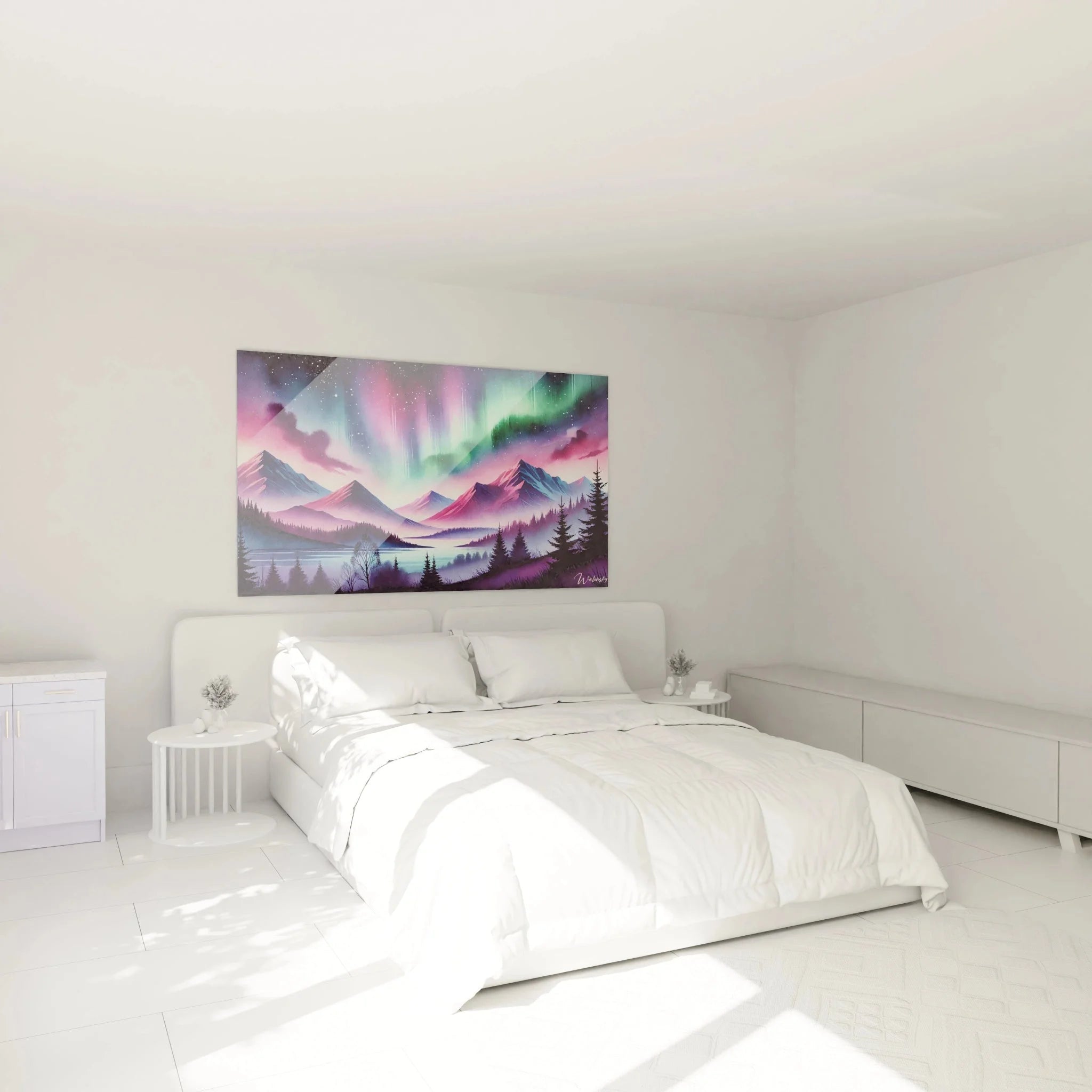 Wandbild Nordlicht Schlafzimmer Dekoration, Aurora über Bergen als XXL Leinwand an der Wand