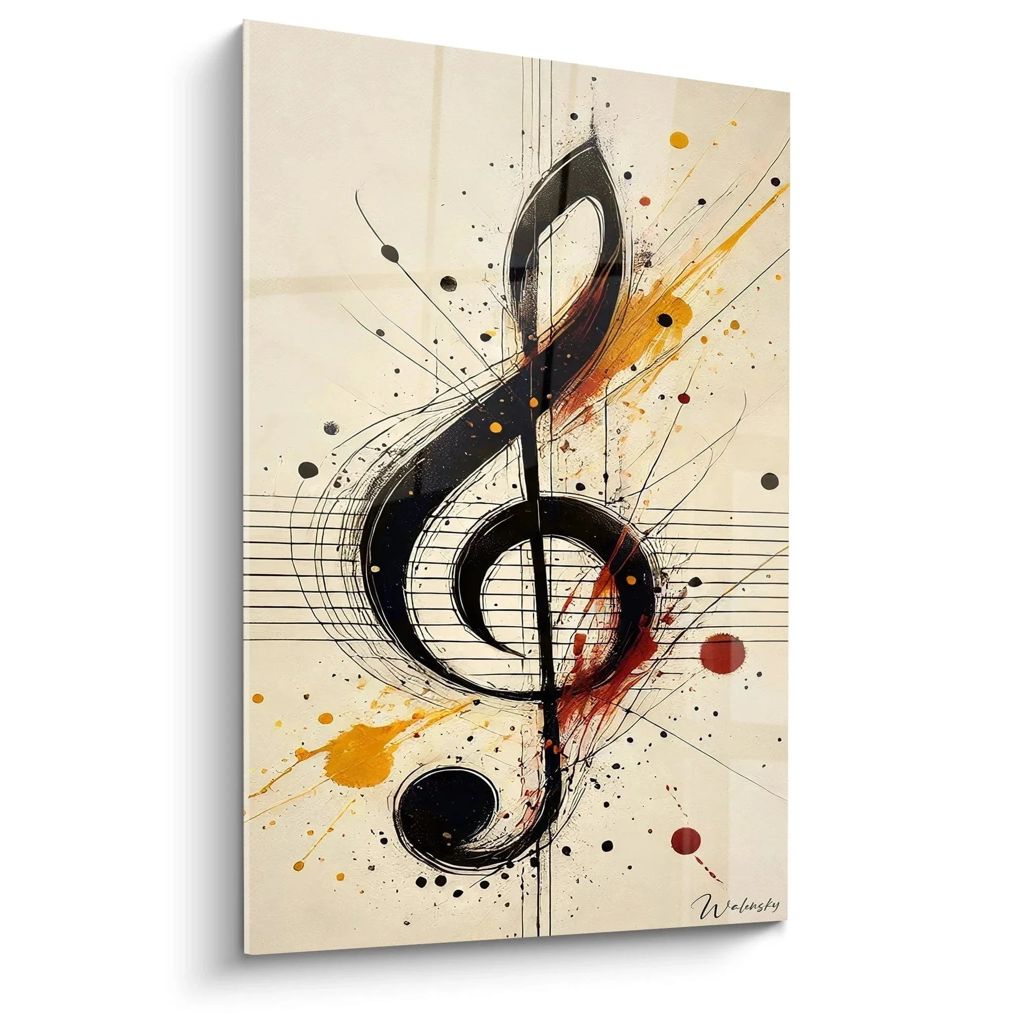 Wandbild Notenschlüssel abstrakt mit Farbspritzern in Orange und Rot auf cremefarbenem Grund