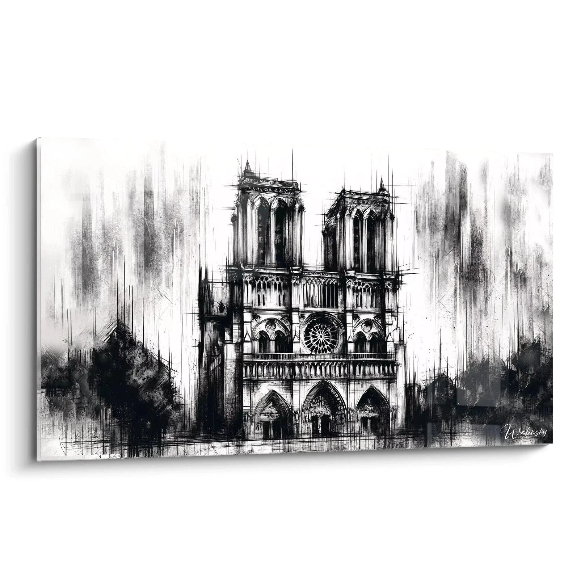 Wandbild Notre-Dame de Paris in Schwarz-Weiß, gotische Kathedrale Kunst für moderne Wanddekoration
