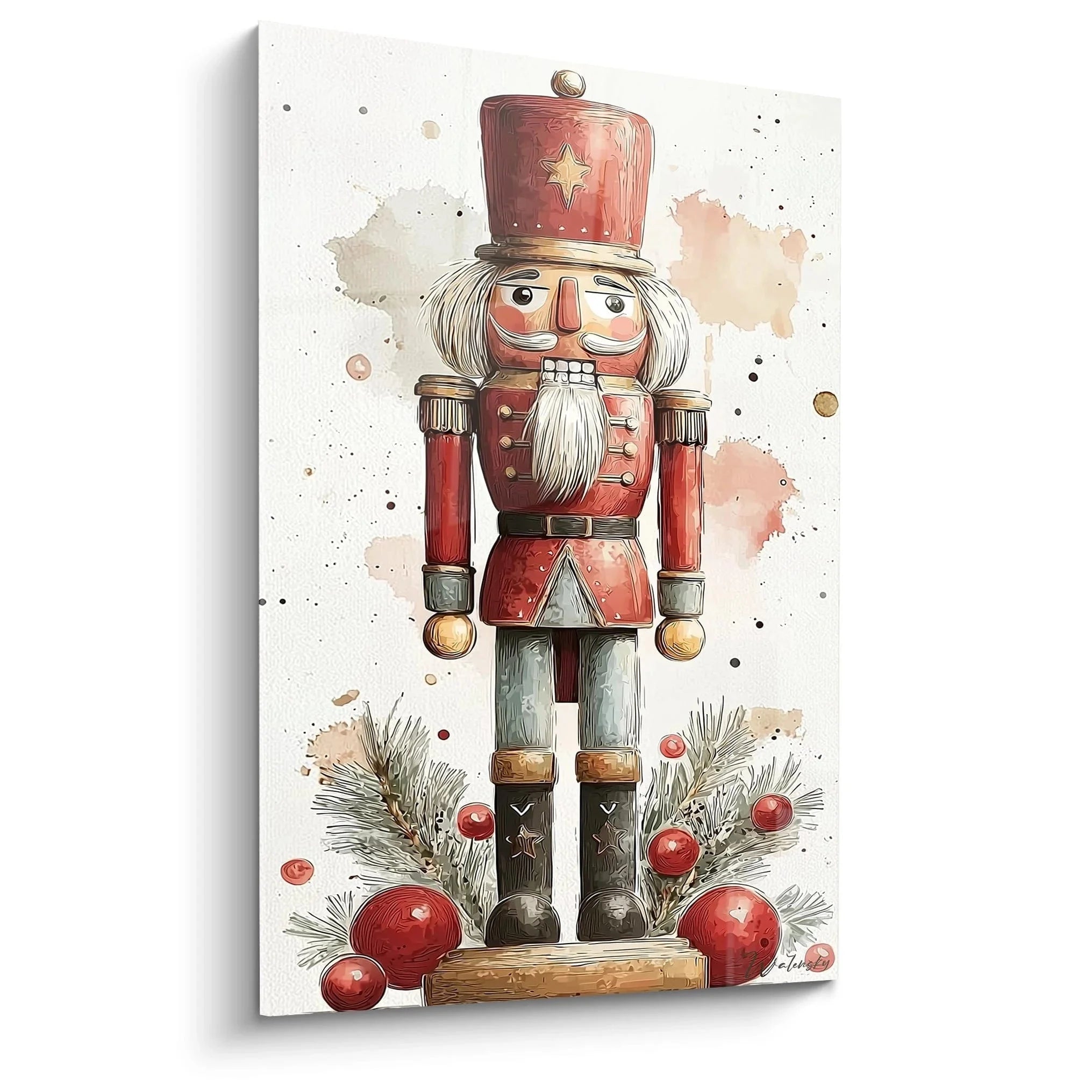 Wandbild Nussknacker Weihnachten Aquarell - Traditioneller Weihnachtssoldat mit roten Kugeln und Tannenzweigen