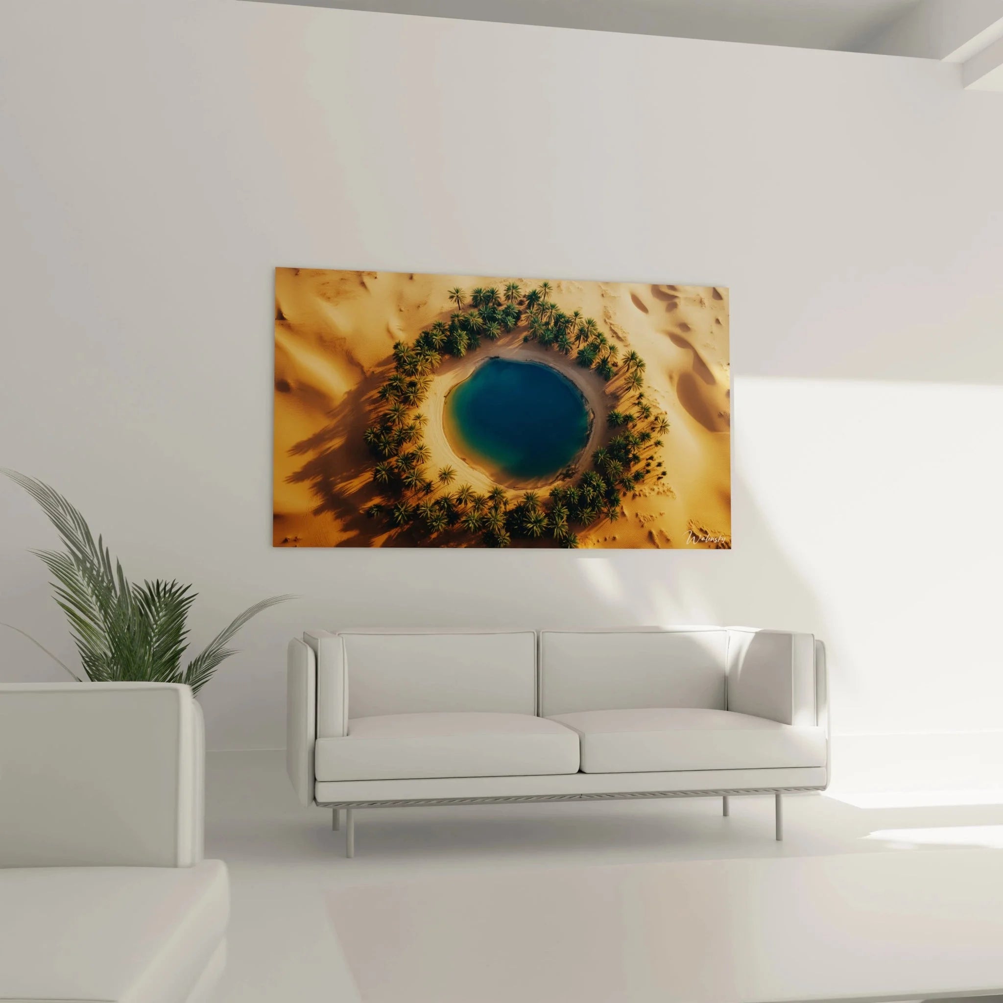 Detailansicht Wandbild Oase - türkisblaue Lagune umringt von Palmen im goldenen Wüstensand Nahaufnahme