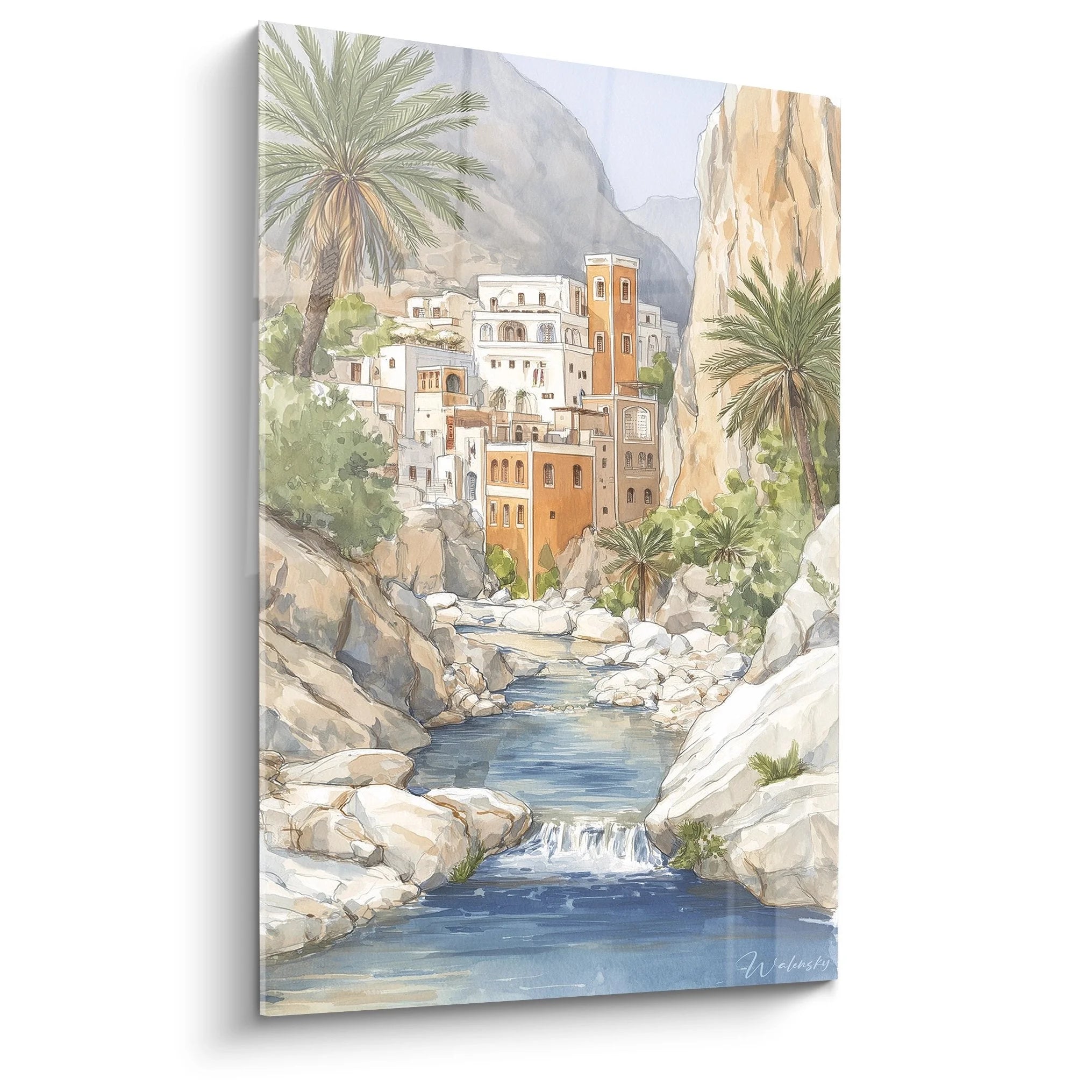 Wandbild Oase in der Schlucht mit arabischem Bergdorf und Wasserlauf - Edition Schluchten und Canyons