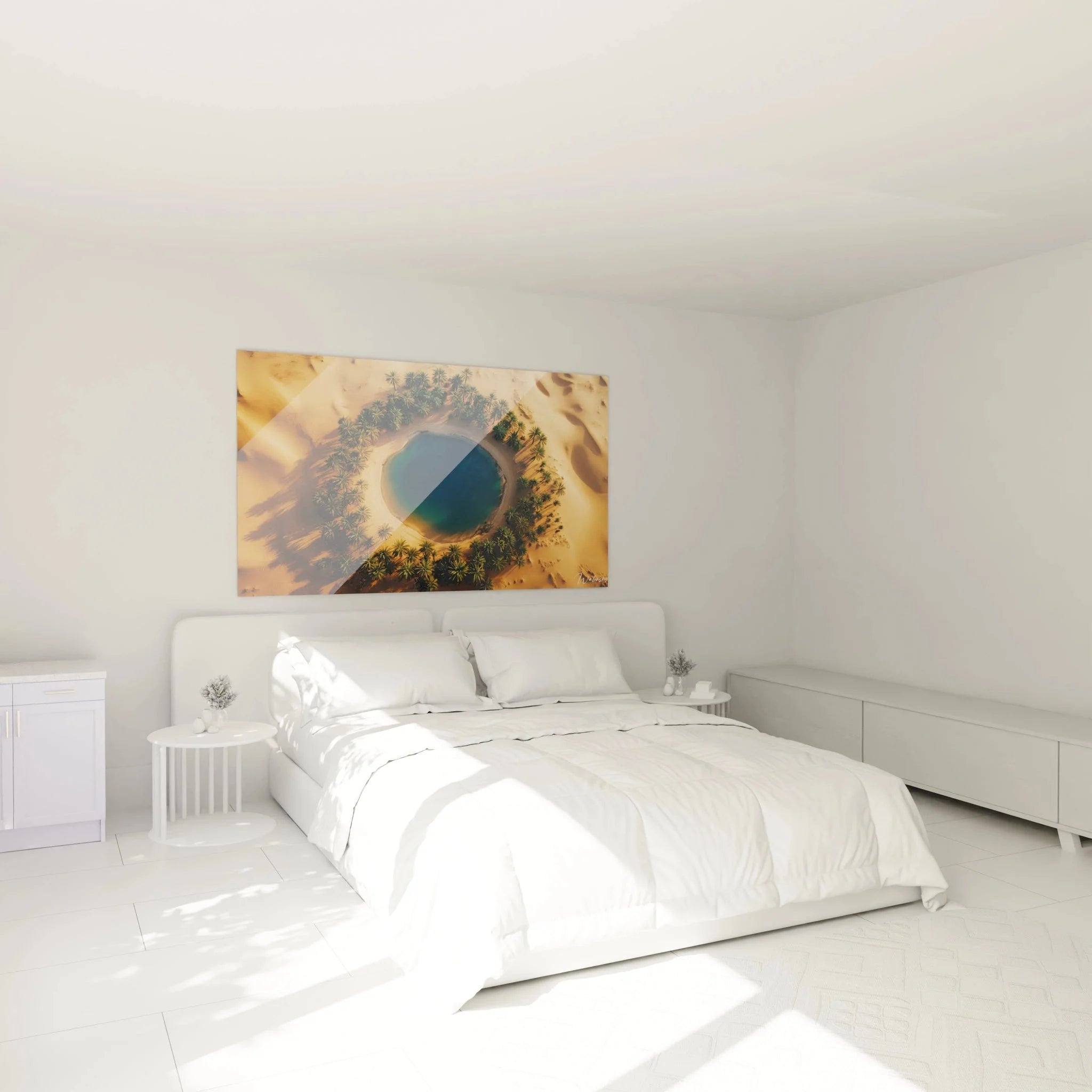 Wandbild Oase Wüstenlandschaft im modernen Schlafzimmer - blaue Lagune Wanddekoration über dem Bett