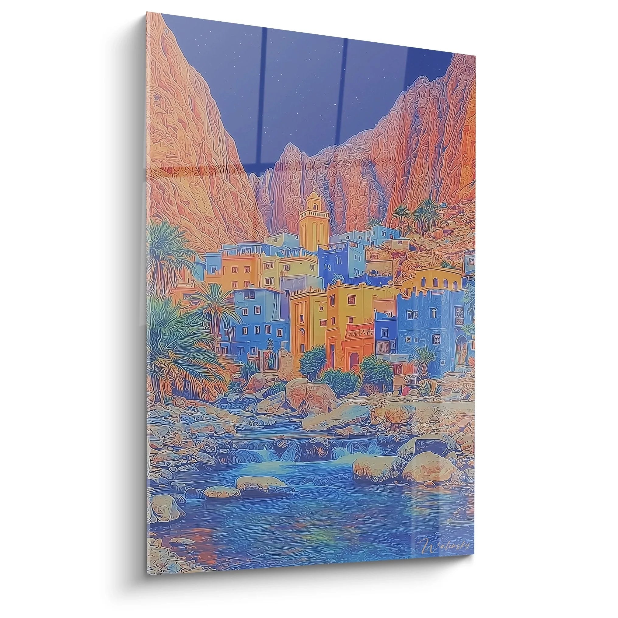 Wandbild Oasenstadt in Bergschlucht mit orientalischen Häusern und Gebirgsbach Canyon Kunst