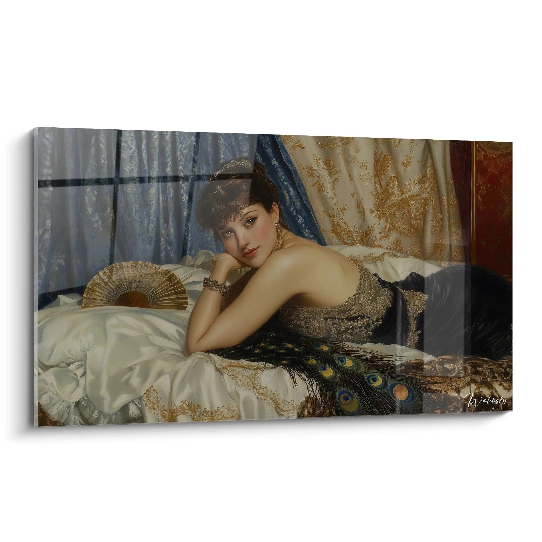 Wandbild Odalisque mit Fächer von Ingres - elegante orientalische Dame auf Seidenkissen mit Pfauenfedern