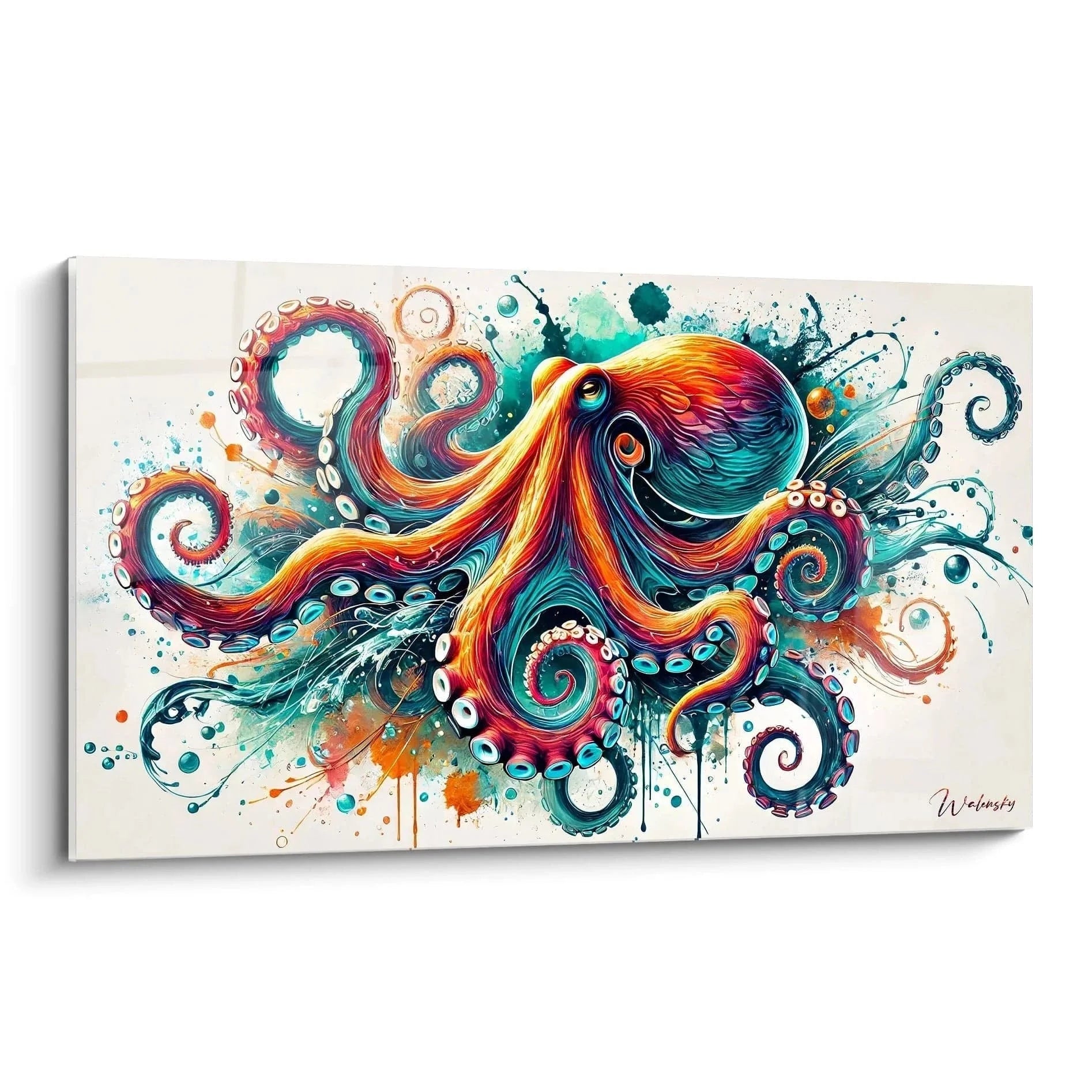 Wandbild Oktopus abstrakt mit bunten Tentakeln in Orange Türkis Violett - Edition Oktopus Kunstwerk