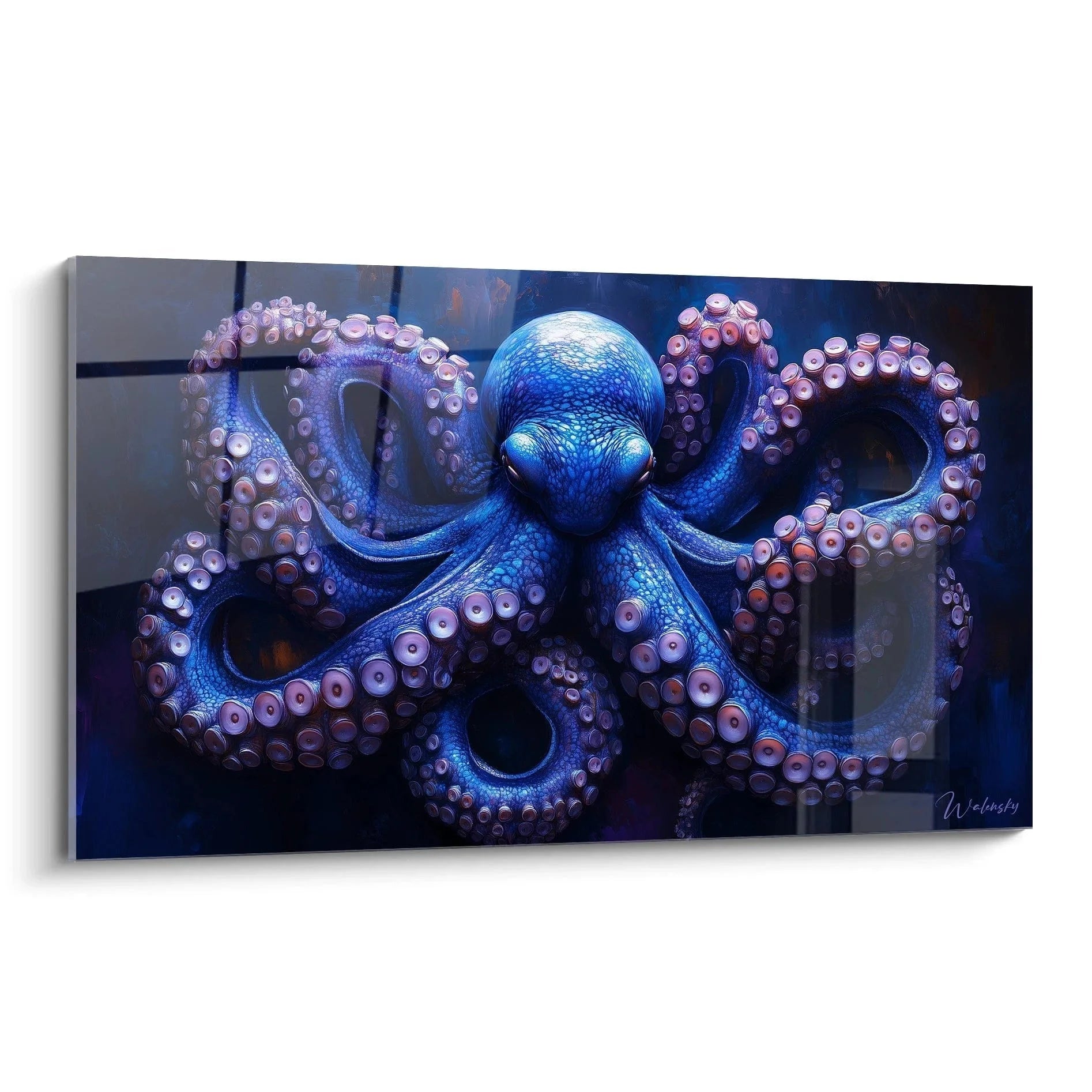 Wandbild XXL Oktopus blau mit detaillierten Tentakeln und Saugnäpfen vor dunklem Tiefsee Hintergrund