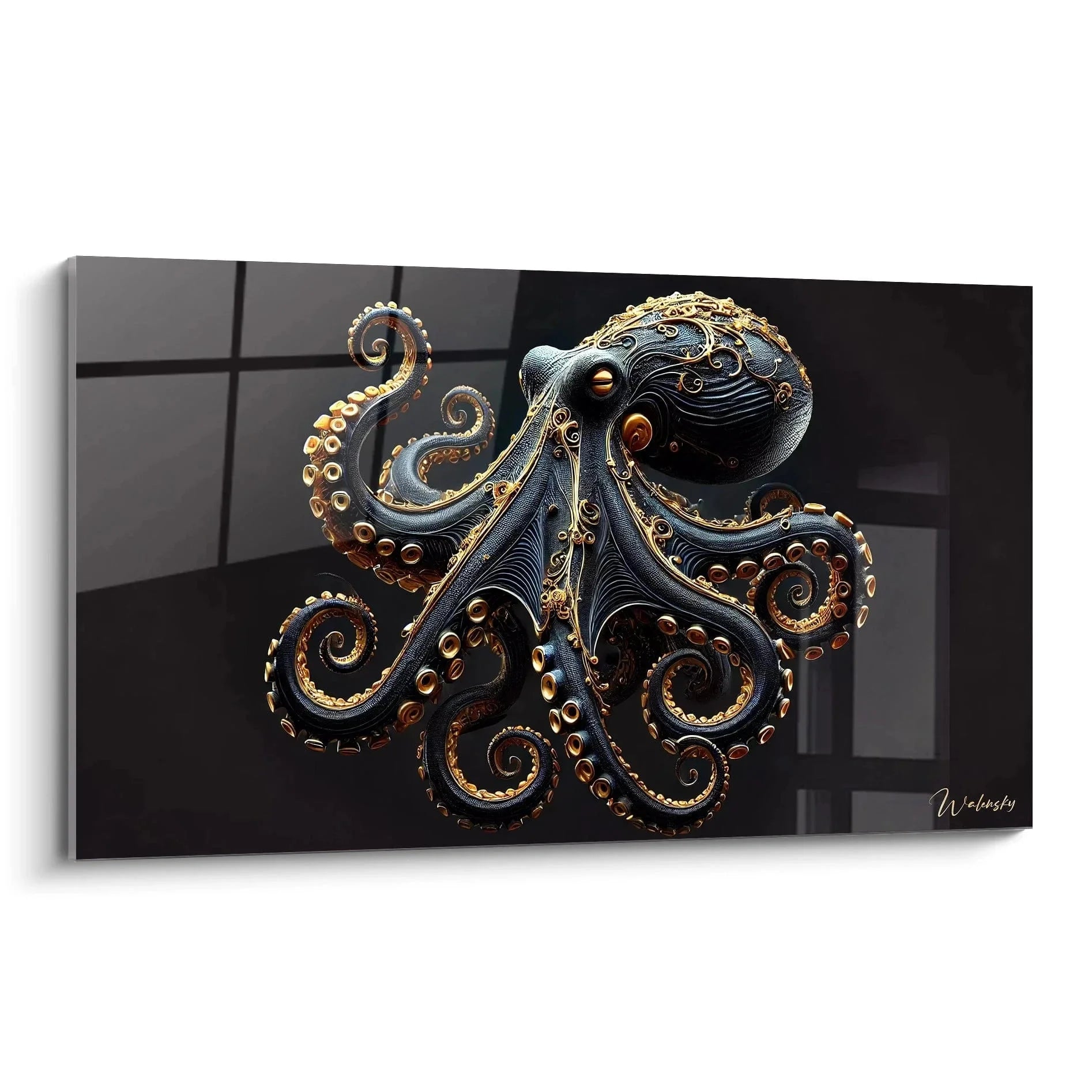 Luxuriöses Wandbild Oktopus in Schwarz und Gold mit eleganten Tentakeln und metallischen Akzenten
