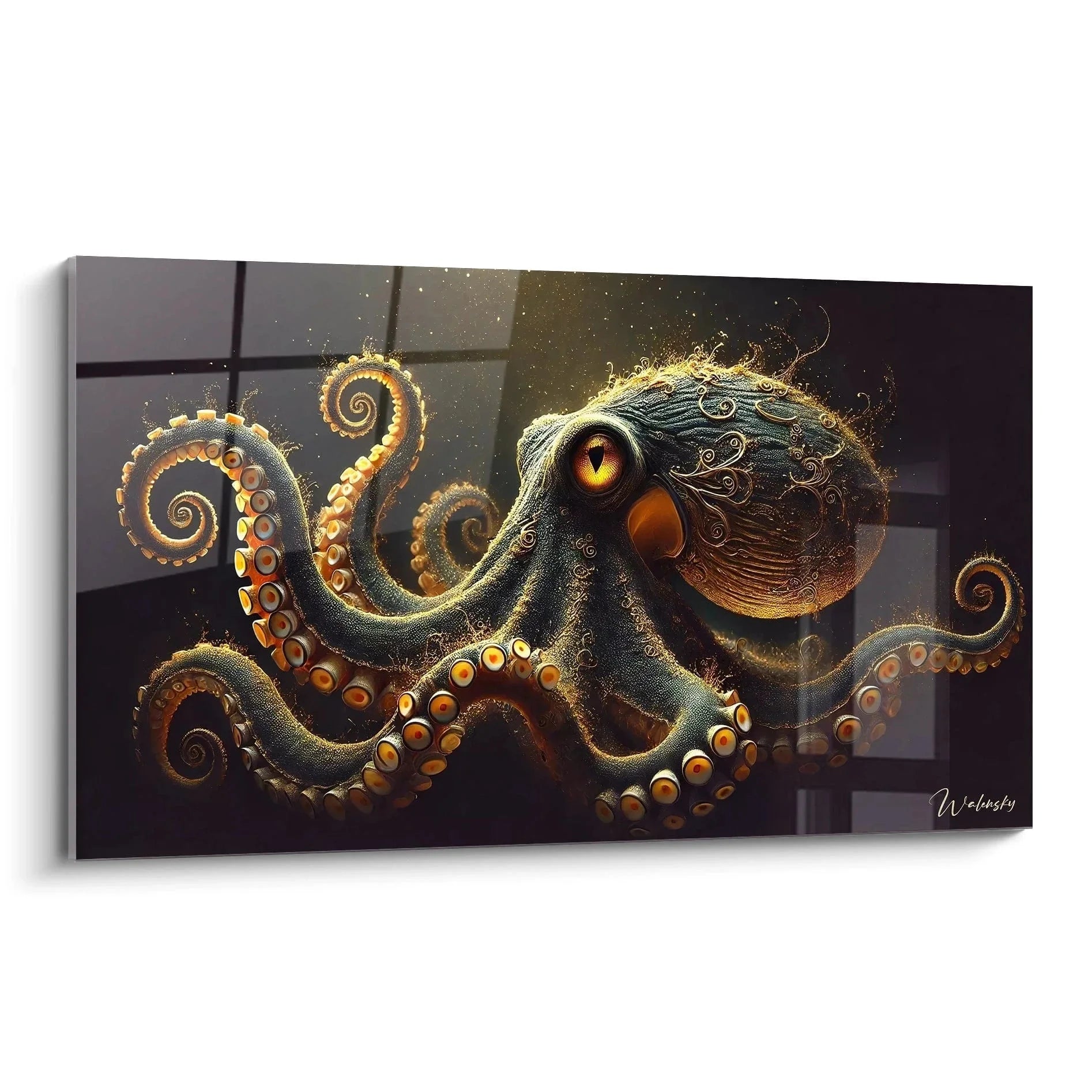 Mystisches Wandbild Oktopus mit goldenen Tentakeln und leuchtenden Augen auf dunklem Hintergrund