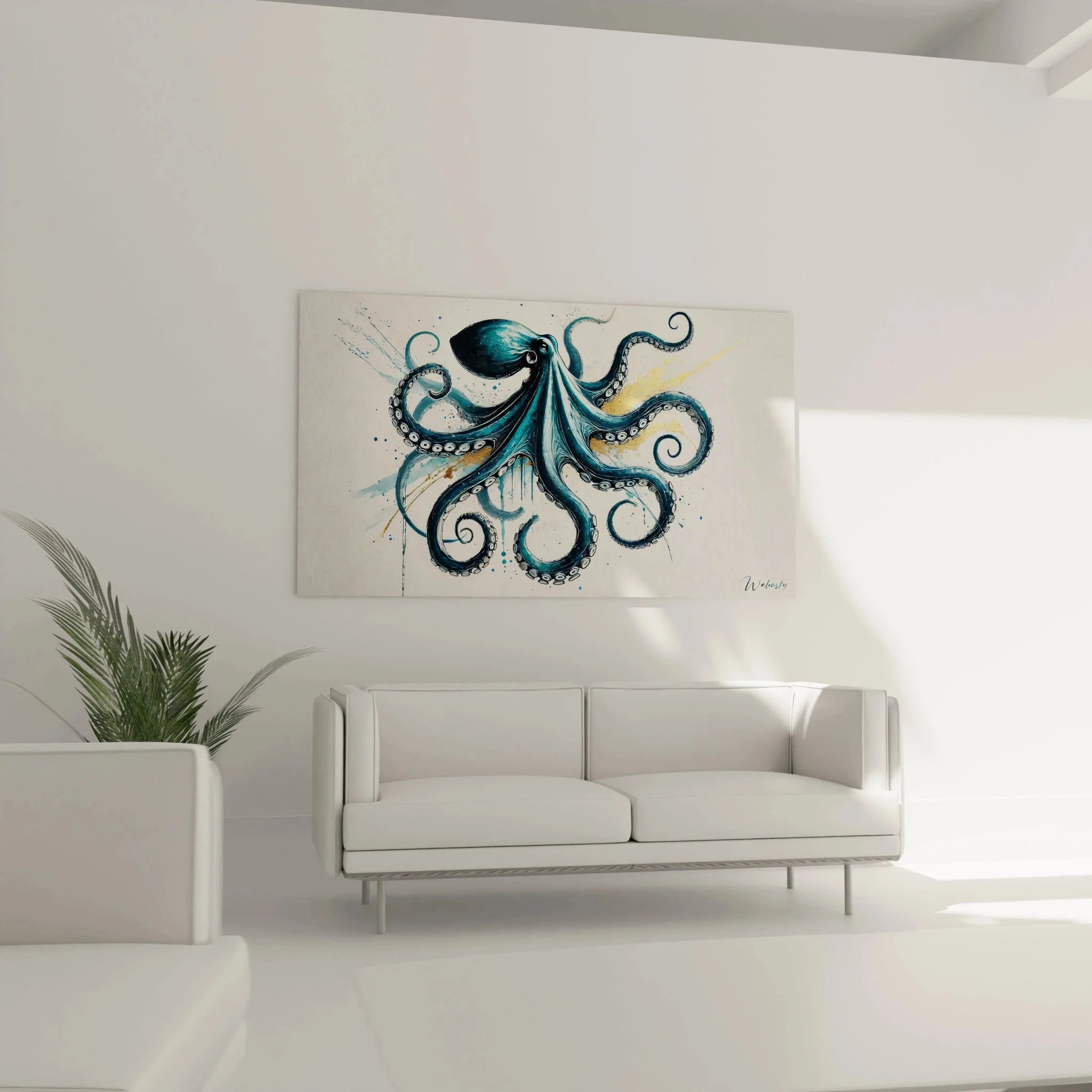 Nahaufnahme Wandbild Oktopus - Detailansicht der Tentakel und Saugnäpfe in Aquarell-Technik