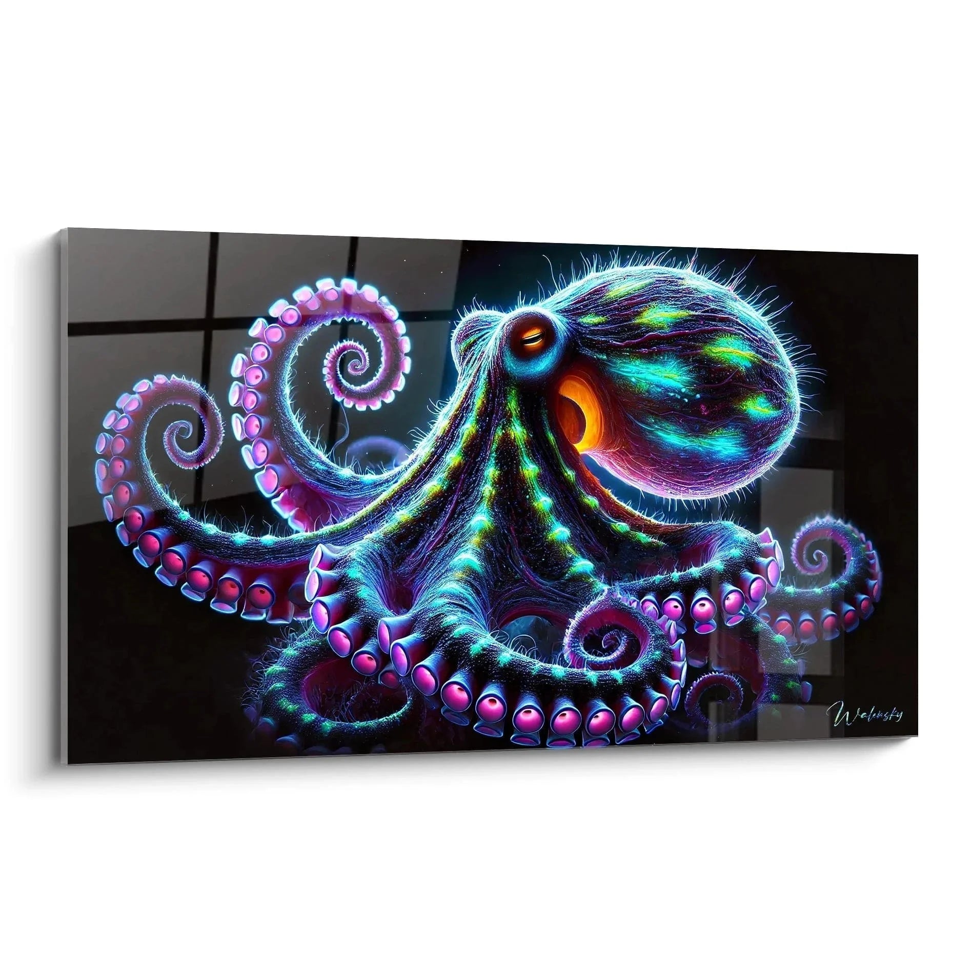 Wandbild Oktopus in leuchtenden Neonfarben mit blauen Tentakeln und pinken Saugnäpfen