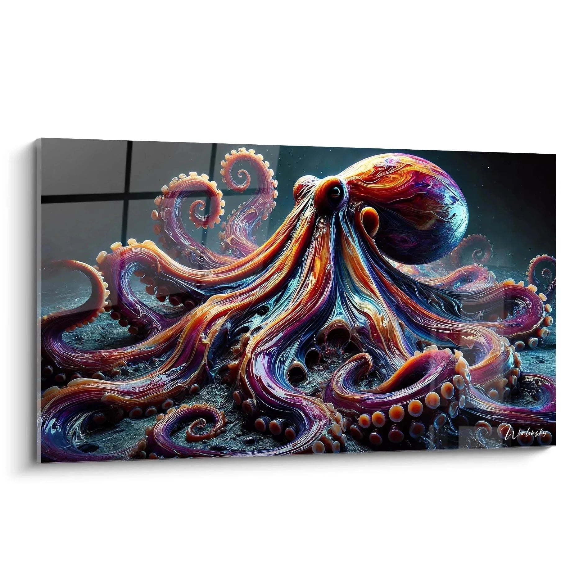 Wandbild Oktopus mit regenbogenfarbenen Tentakeln und schillernden Details für moderne Wanddekoration